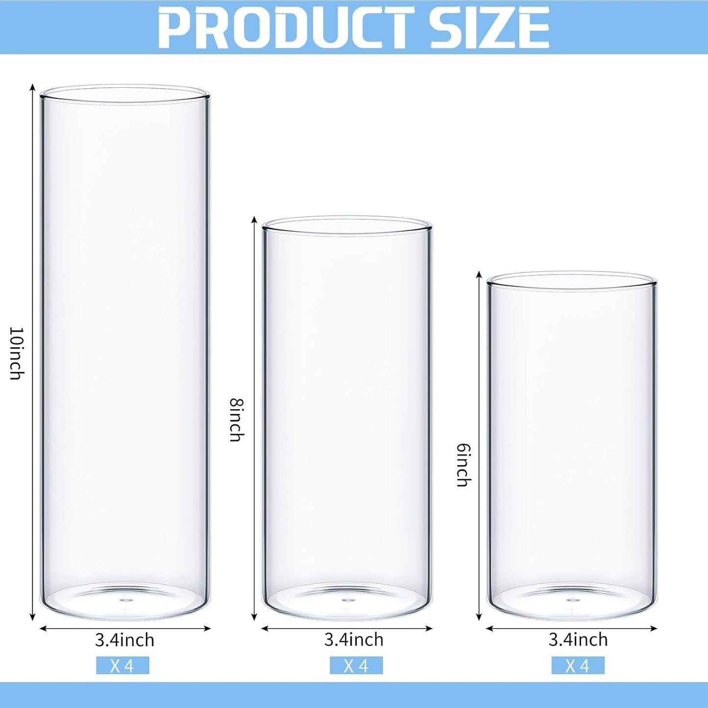 12 Pcs Thin Glass Cylinder Vases 2.5''/3.3'' Diameter 2mm Wall Thickness Clear Flowers Vase Hurricane Floating Candles Holders for Table Centerpieces Wedding Decor (3.3'' X 5.9'',7.9'',9.8'')