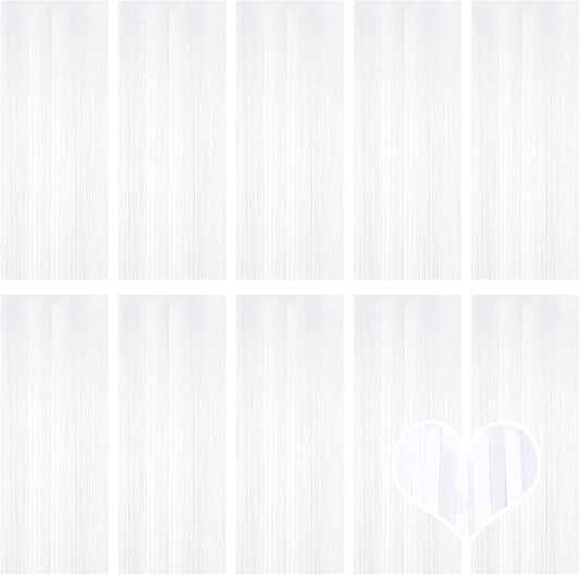10 Pack White Backdrop Curtain 3.2ft x 8.2ft Metallic Tinsel Foil Fringe Curtains Photo Booth Background for Birthday Party Decoration Baby Shower Engagement Wedding Christmas Decoration (White)