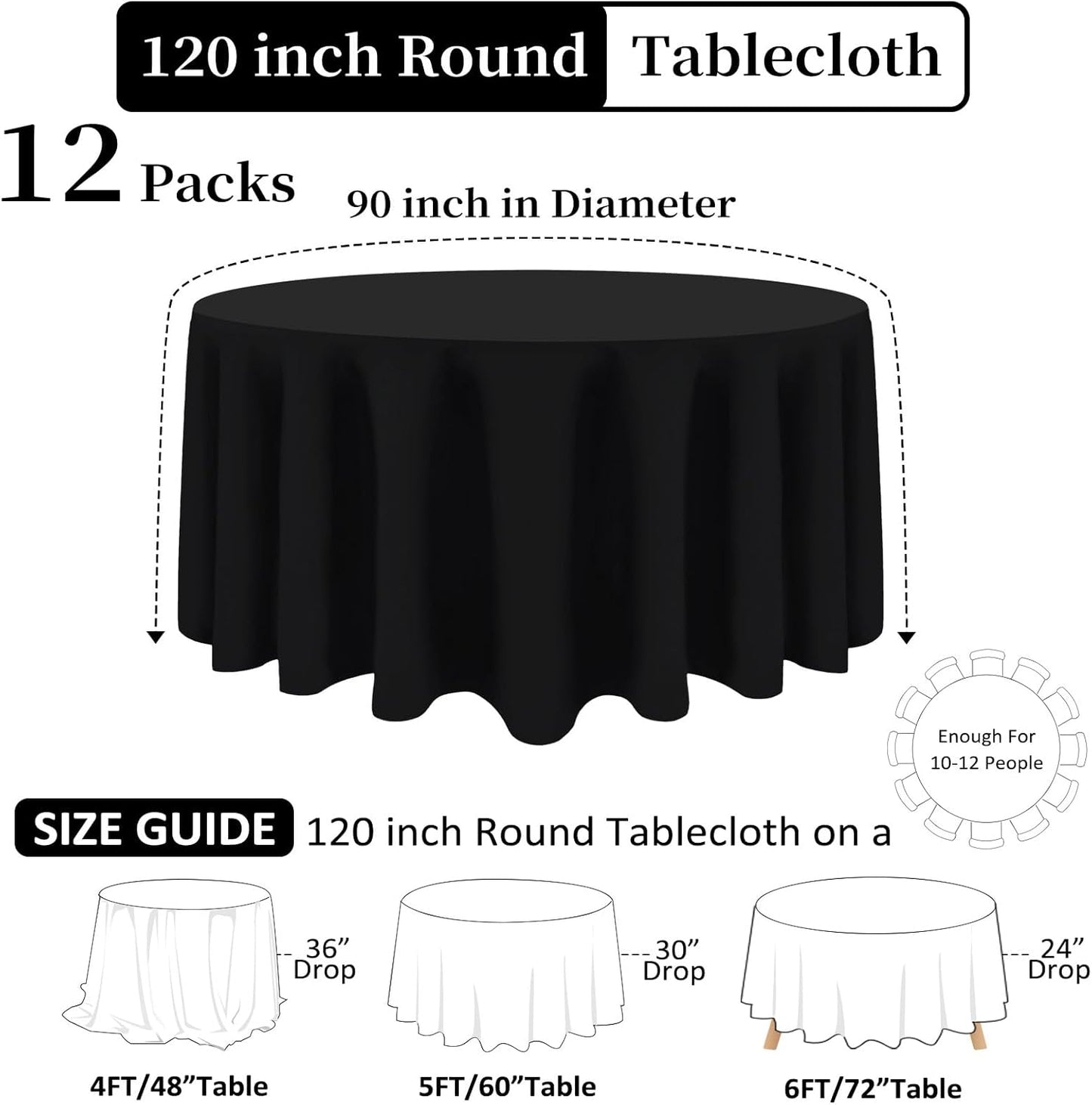 12 Pack Black Round Tablecloth 120 Inch Black Table Cloth Stain and Wrinkle Resistant Reusable and Washable Polyester Fabric Table Covers for Buffet Wedding Party and Banquet