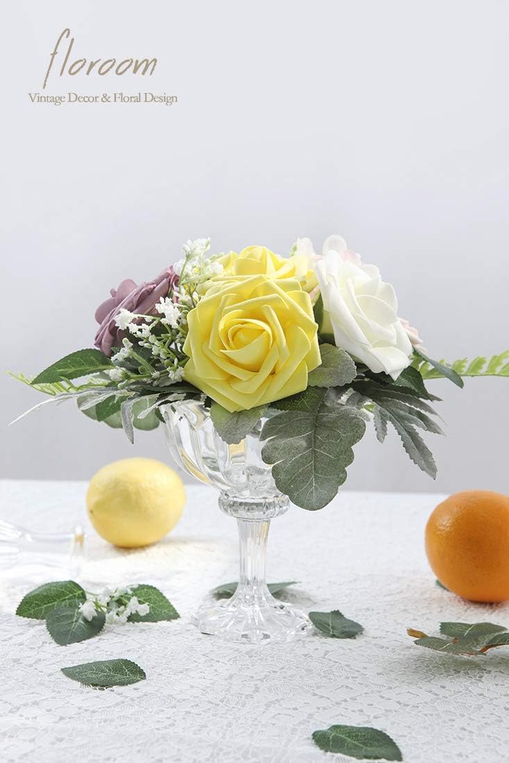 Floroom Artificial Flowers 50pcs Real Looking Canary Yellow Foam Fake Roses with Stems for DIY Wedding Bouquets Bridal Shower Centerpieces Floral Arrangements Party Tables Home Decorations