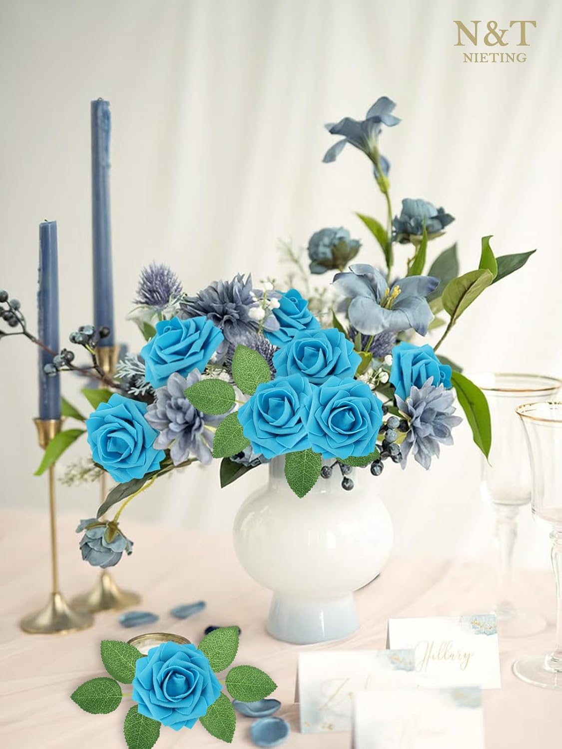 N&T NIETING Artificial Flowers, 25pcs Fake Flower Roses with Stem for DIY Wedding Bouquets Centerpieces Bridal Baby Shower Party Home Decoration, Blue