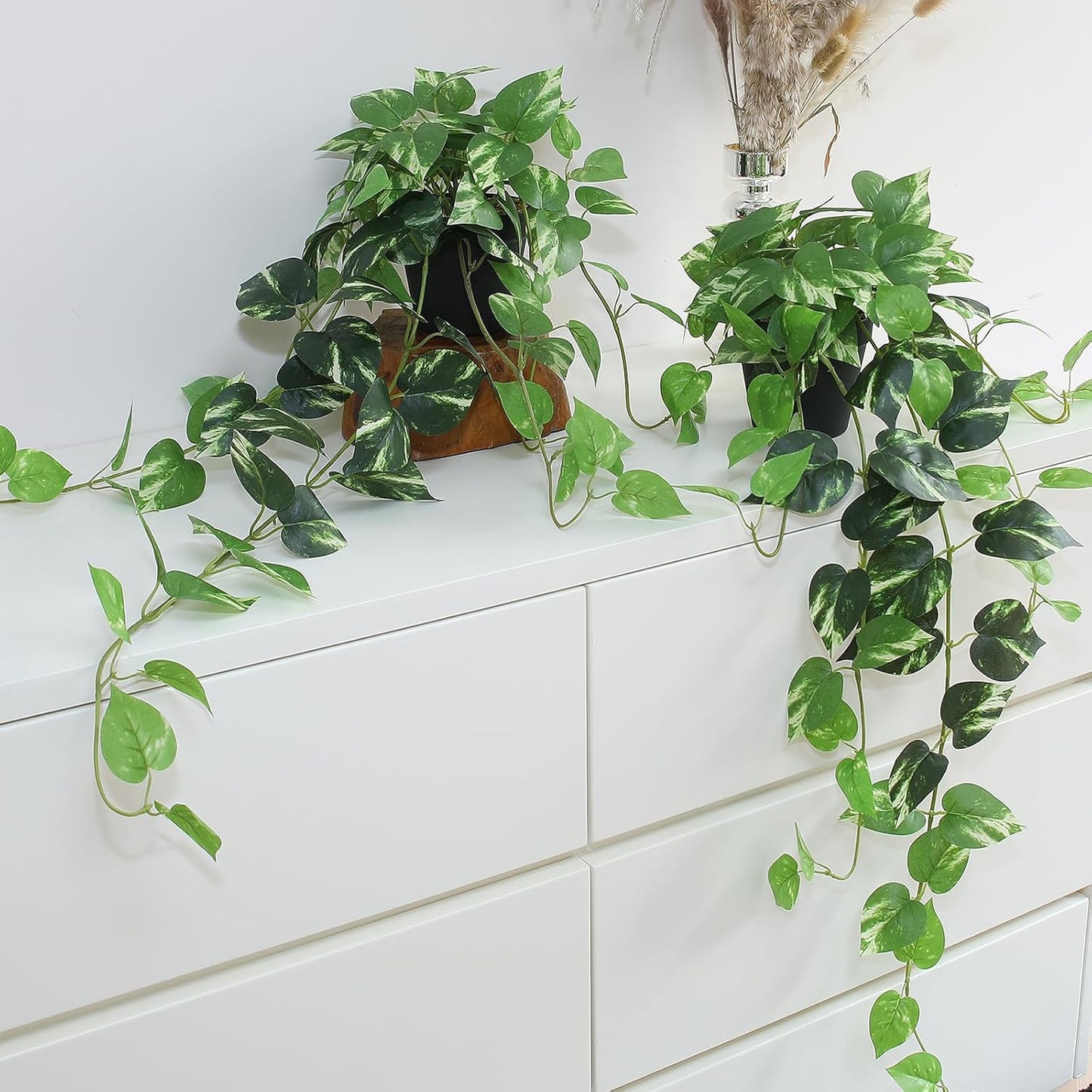 Fake Pothos Hanging Plants - 33" Set of 2 Artificial Silk Ivy Vines with Pots, Realistic Faux Greenery for Indoor Home Decor, Low Maintenance Hanging Plant Decoration (Golden Green)