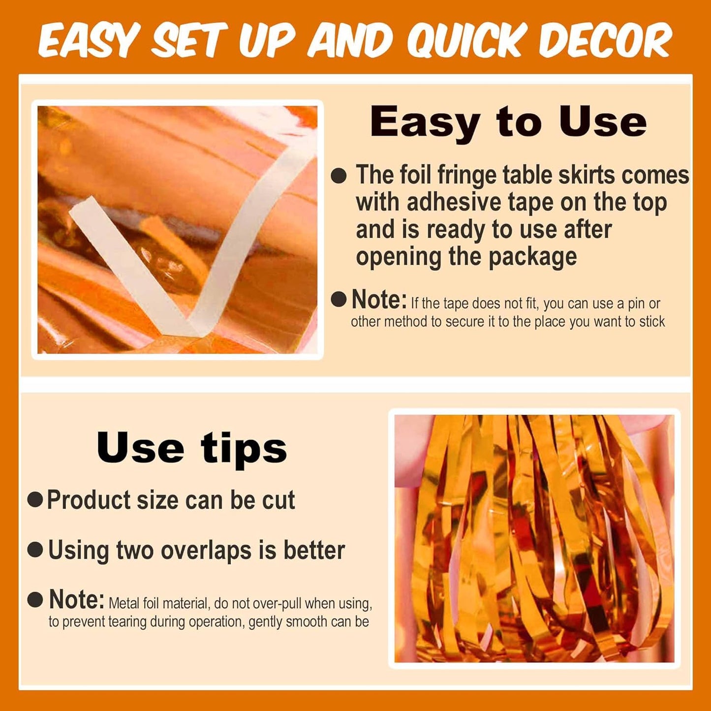 3 Pack Orange Foil Fringe Table Skirts Metallic Tinsel Streamers Garland Banner Backdrop for Table Decor, Parade Float, Birthday, Wedding, Halloween, Christmas Party Decorations(29x108 In)