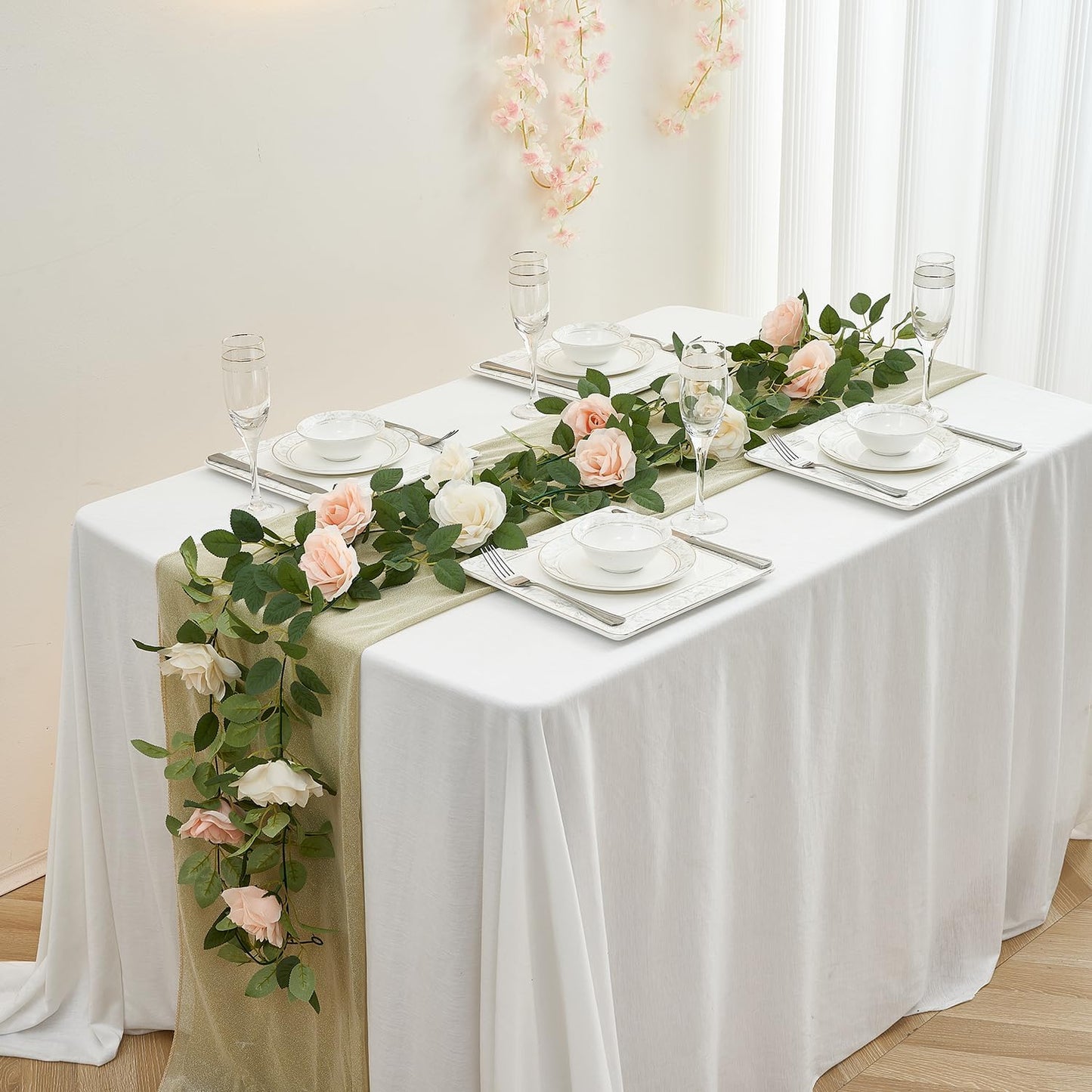 Artificial Rose Garlands Rose Vines Leaves Banners Hanging Floral Garland Fake Rose Flower Vine Wall Decorations