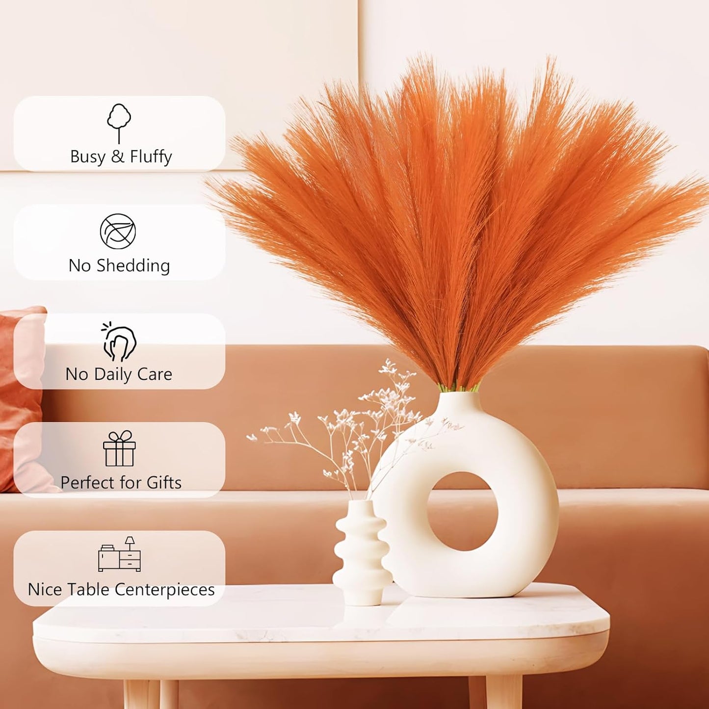 50pcs Burnt Orange Faux Pampas Grass Decor, 21.6" Short Artificial Fall Pompous Grass Floral Fake Orange Pompas Grass Branches Vase Filler Flower Arrangement for Home Wedding Fall Decor