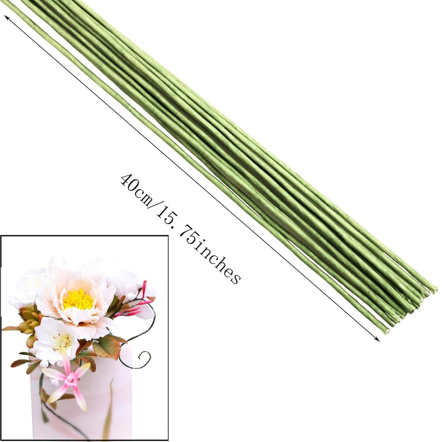 16-inch Green Paper Wrapped Flower Stems for Wedding Bouquets, DIY Floral Arrangements (Pack of 100) 16 Gauge Party Decoration Paper Flower Sticks