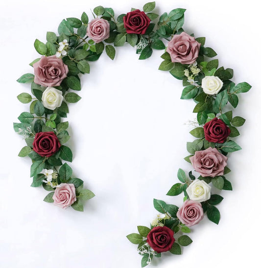 PONATIA 5FT Burgundy Artificial Flowers Garland, Dusty Rose Flowers Garland for Wedding Ceremony Garlands Backdrop Arch Flowers, Table Christmas Decorations (Burgundy & Ivory)