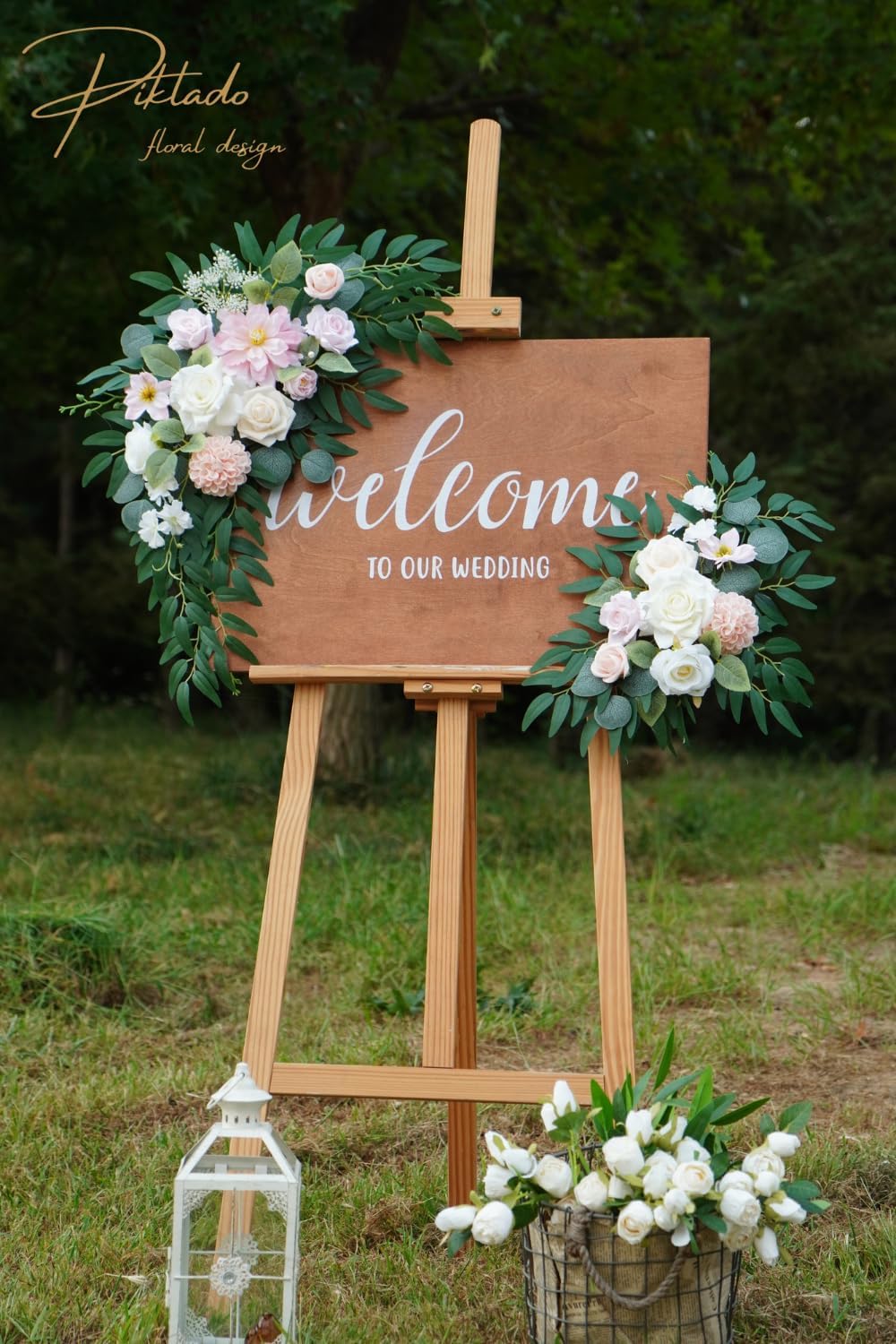 Faux Flower Swag Set of 2 for Wedding Welcome Signs Floral Swag Wedding Reception Ceremony Signs Decor (A-Pink)