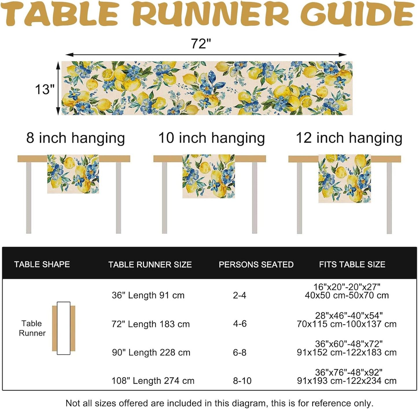Lemon Blue Flower Dining Table Runner, Spring Summer Fruit Floral Burlap Kitchen Decoration, Seasonal Indoor Outdoor Home Decor Party Supply 13 x 72 Inches