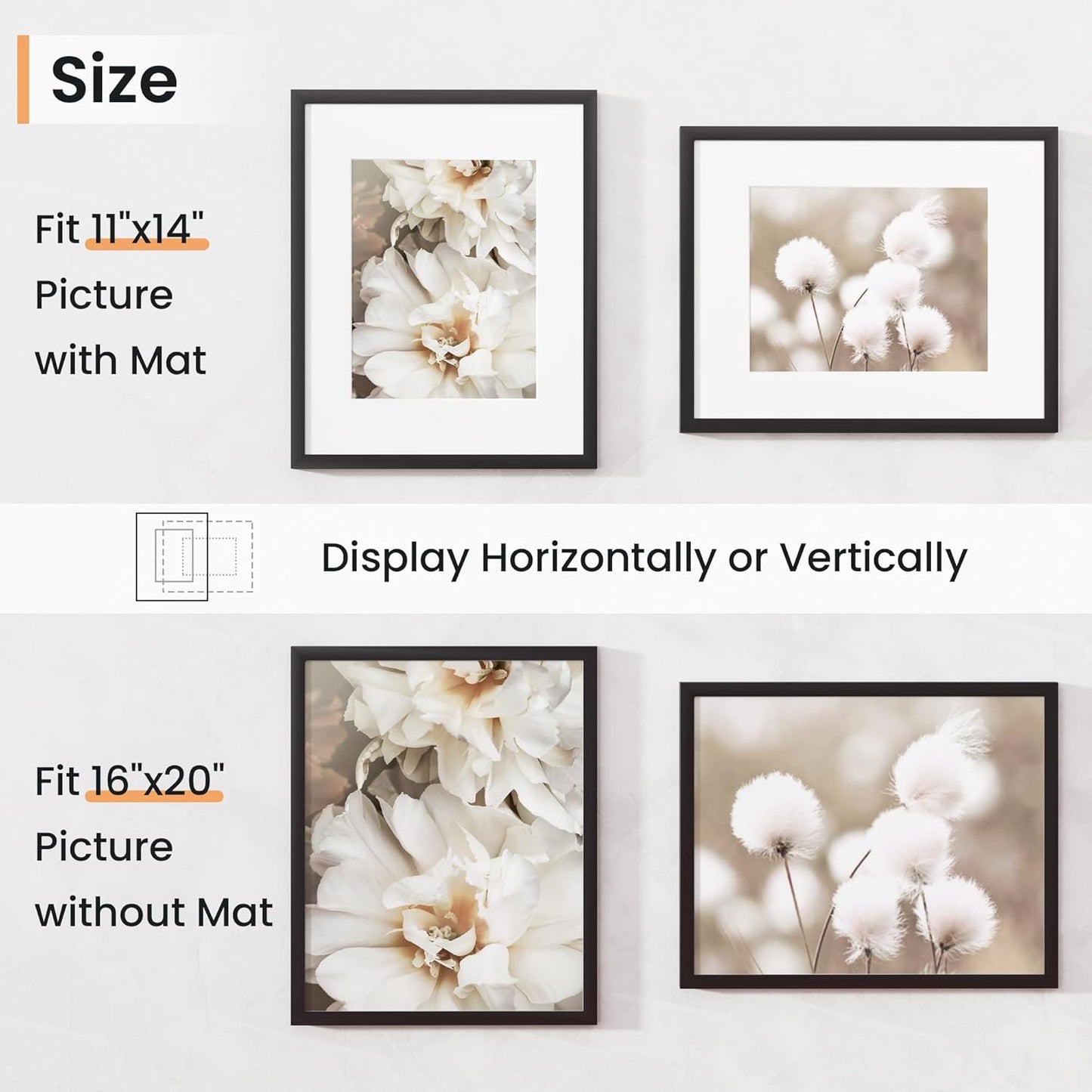 16x20 inch Picture Frame, 16x20 Photo Frames with 11x14 Removable Mat - High Definition Plexiglass - Vertical and Horizontal Display - Wall Hanging Frame - Black, 5 Pack