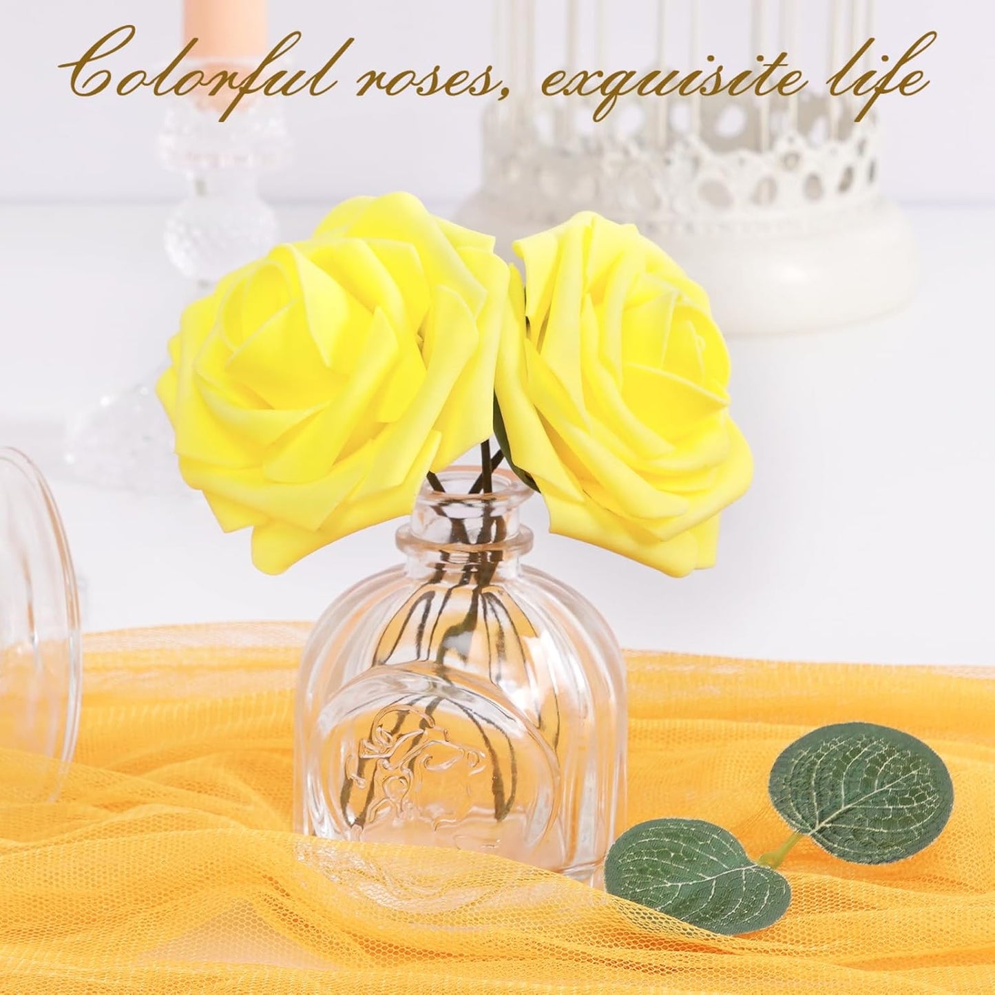 BLEUM CADE 36Pcs Artificial Flowers Fake Roses with Stems, Yellow Boxed Foam Roses for DIY Bouquets Centerpieces Wedding Party Arrangement Bridal Shower Decor