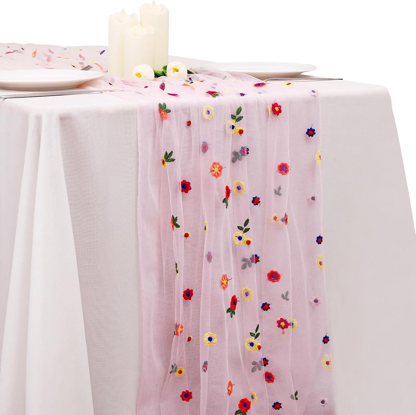 BINBE 1pcs Pink Daisy Fall Table Runner Embroidery Gauze 10FT Florals Seasonal Tulle Holiday Birthday Kitchen Dining Table Decor for Home Party