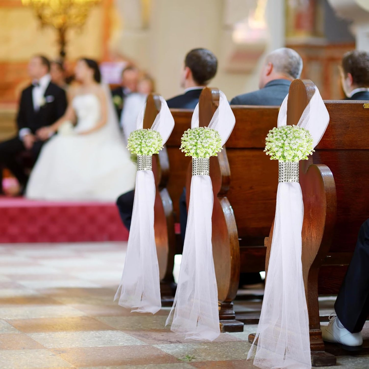 Olgaa Wedding Aisle Decorations for Ceremony Set of 24 Wedding Chair Pew Flowers Church Decorations with Artificial Baby’s Breath and Rhinestone for Weddings Party Bench Aisle (Baby’s Breath)