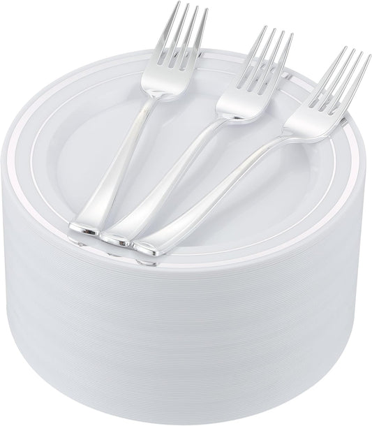 120pcs Silver Dessert Plates with Forks for 60 Guests-60pcs 7.5" Disposable Silver and White Small Plates with 60pcs 7.4" Forks-Cake/Appetizer/Salad Plate for Wedding,Birthday,Party