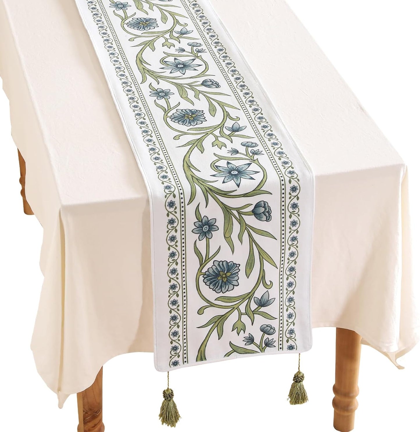ISAENNE Designer Elegant Linen Extra Long Table Runner 118 Inches,Vintage Blue Floral Pattern Decor Table Runners for Dining Tables,Kitchen Tables,Thanksgiving,Christmas,12"*118"-Mosella E