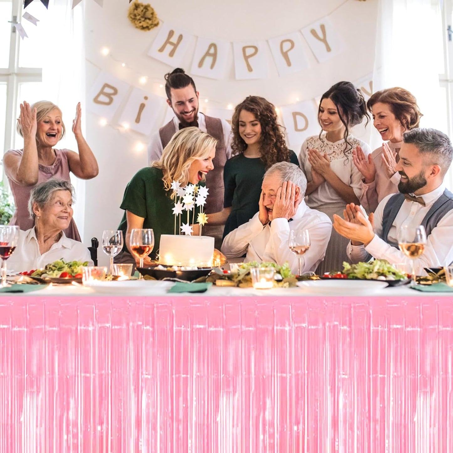 3 Pack 29 x108 Inch Macaron Pink Foil Fringe Table Skirts Metallic Banner for Tinsel Streamer Garland Backdrop for Parade Floats Wedding Thanksgiving Birthday Christmas New Year Party Decoration