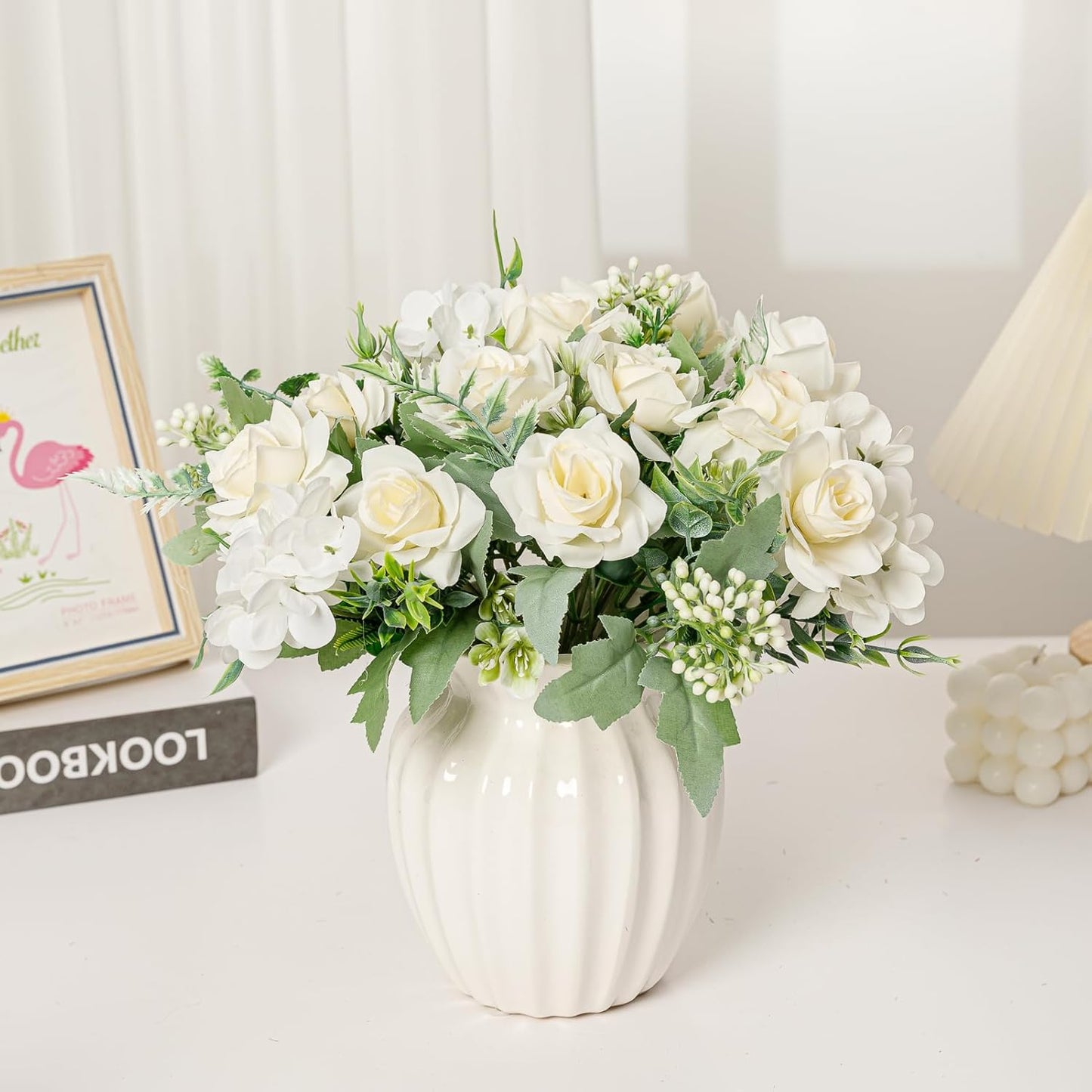 Artificial Flower 5 Branches Artificial Silk Fake Flowers Bouquet Small Roses for Wedding Home Office Tables Decor 4 Packs(Champagne)