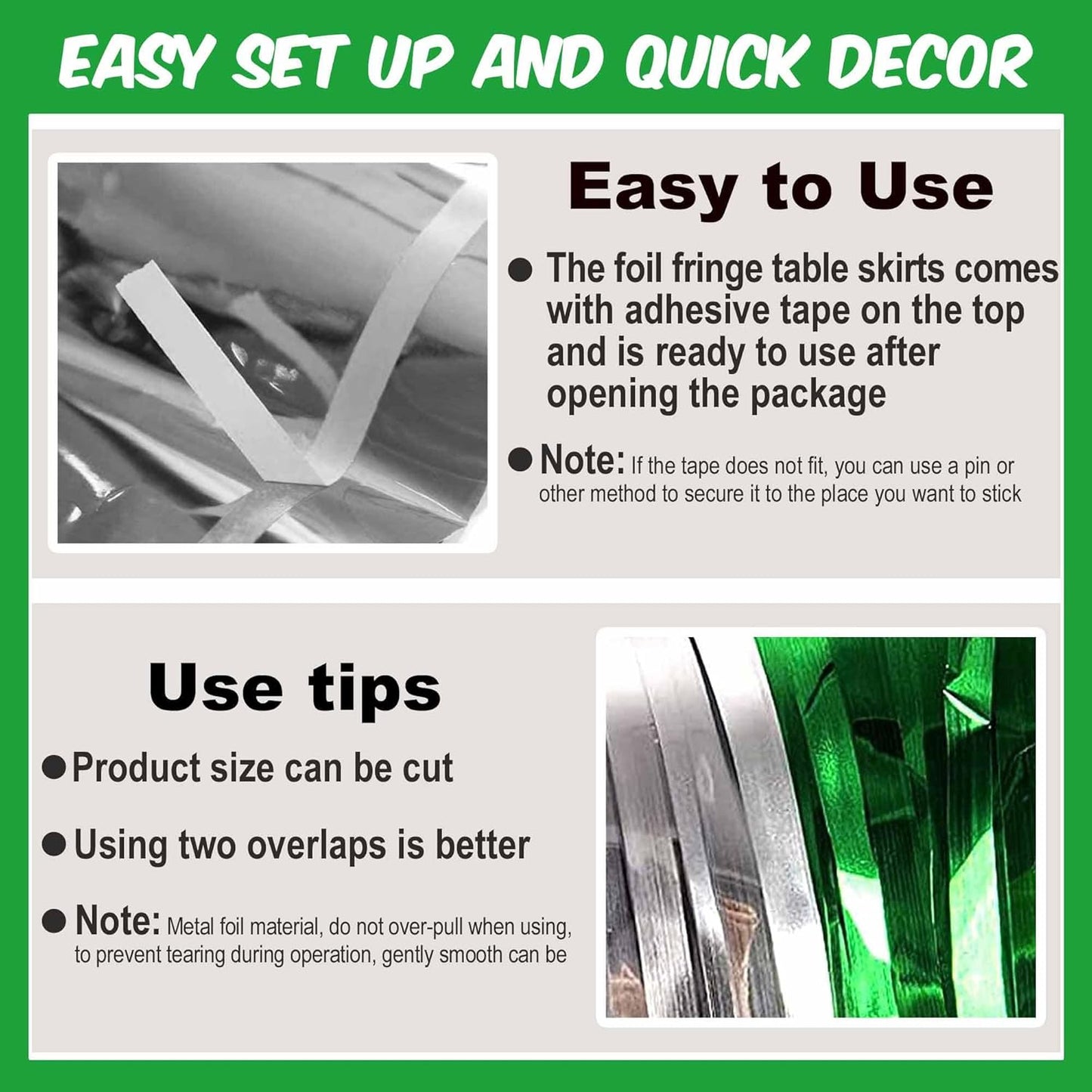 3 Pack Silver Green Foil Fringe Table Skirts Metallic Tinsel Streamers Garland Banner Backdrop for Table Decor, Parade Float, Birthday, Wedding, Halloween, Christmas Party Decorations(29x108 In)