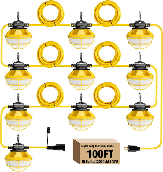100FT Construction String Lights with Cage, IP65 Waterproof LED String Work Lights, 5000K Daylight 18AWG Wire Linkable Temporary Construction Lighting for Jobsite with 10 Bulbs & Hooks