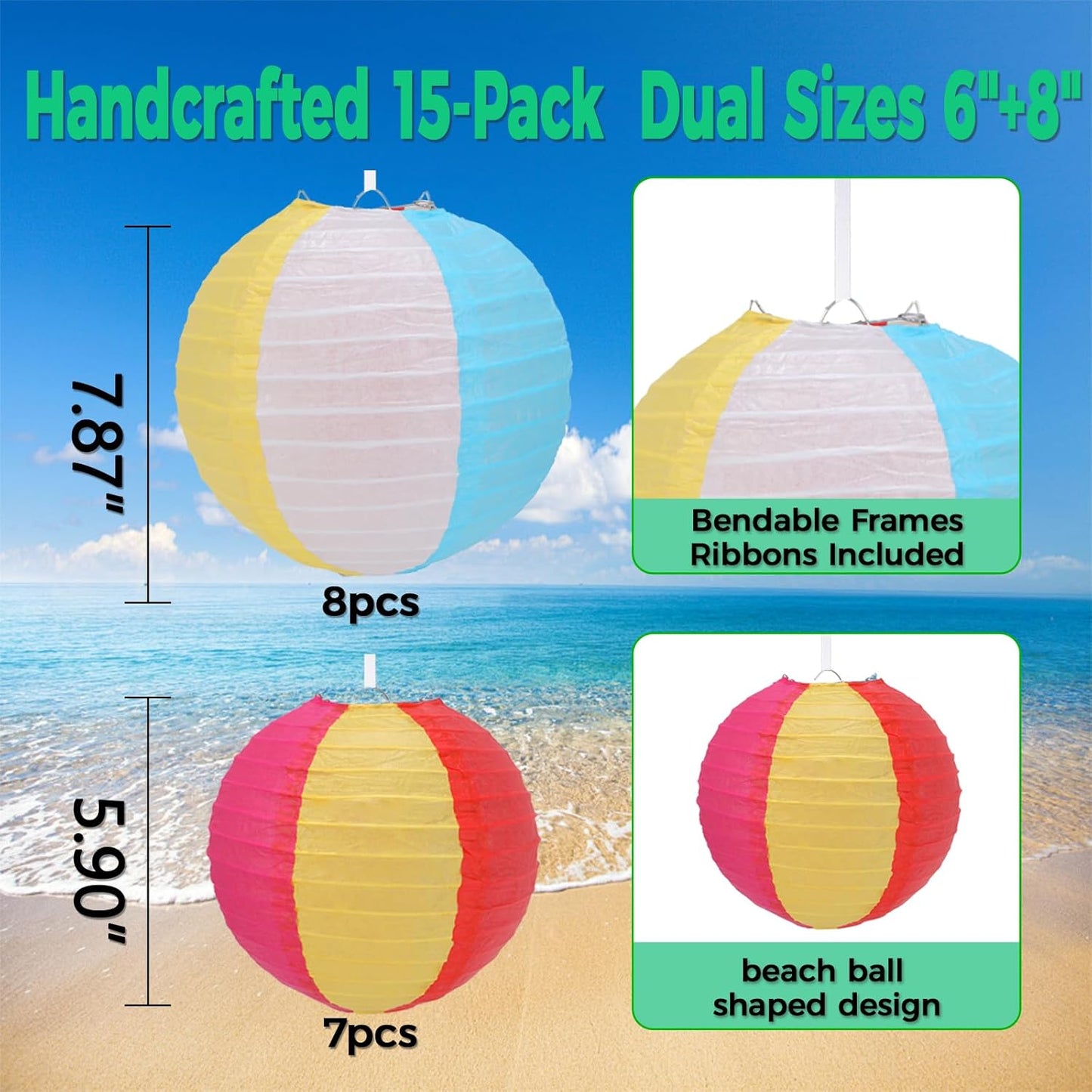 15Pcs Beach Ball Hanging Paper Lanterns Colored Summer Party Decorations for Pool Backyard Outdoor Classroom