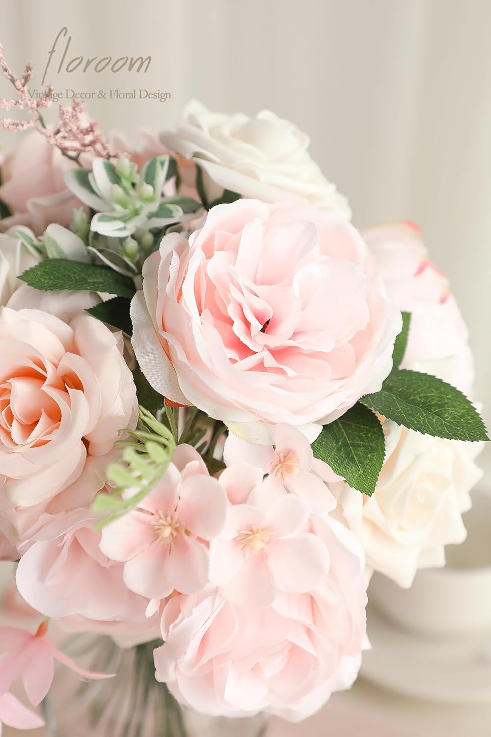 Floroom Cream Blush Artificial Flowers Fake Roses Peonies and Greenery Combo Box Set for DIY Pink Wedding Bouquets Bridal Shower Centerpieces Floral Arrangements Party Tables Home Decorations