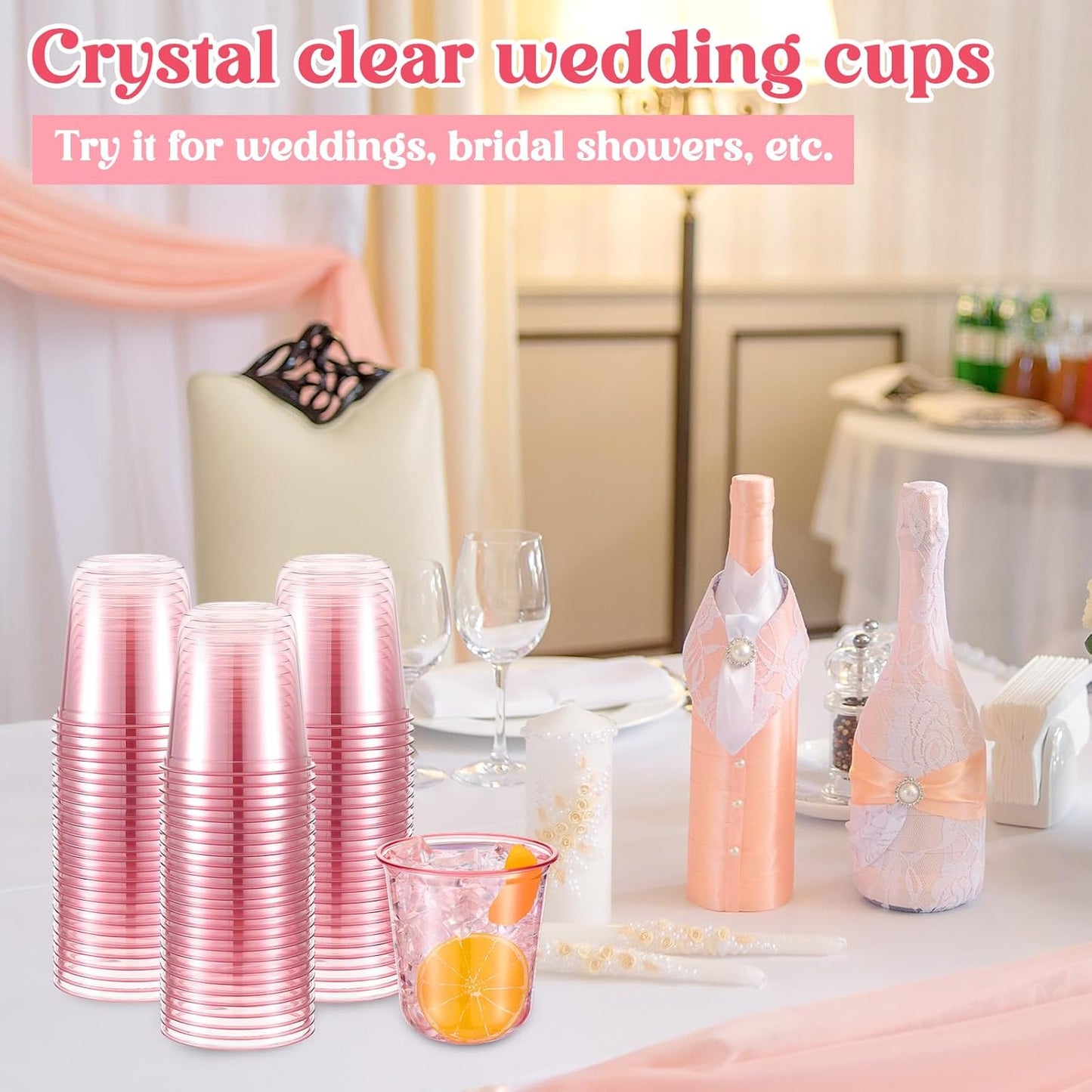 100 Pcs Disposable Stemless Glasses 12oz Crystal Plastic Wine Glasses Clear Classic Pet Cup for Meeting Weddings Birthdays Cocktail Christmas Party Supplies (Pink)