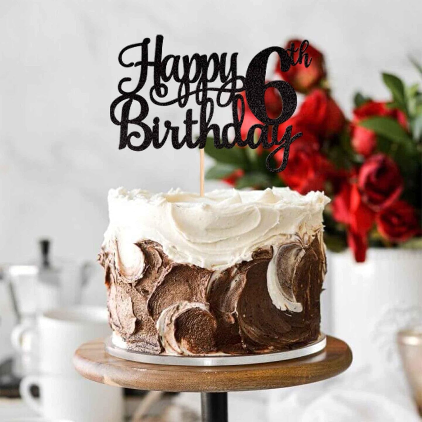 1 PCS Happy 6th Birthday Cake Topper Glitter Cheers to 6 Years Cake Pick Number 6 Fabulous Cake Decoration for 6th Birthday Theme Party Decorations Supplies Black