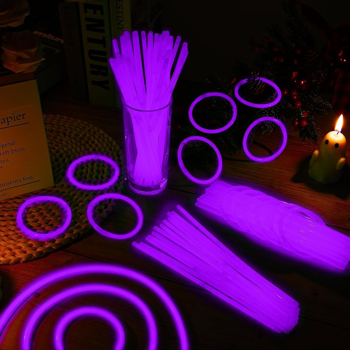 100 Pack 8” Purple Glow Sticks Bulk with 100 Connectors Neon Glow In The Dark Party favors Supplies for Holiday Birthday Party Decoration (Purple)