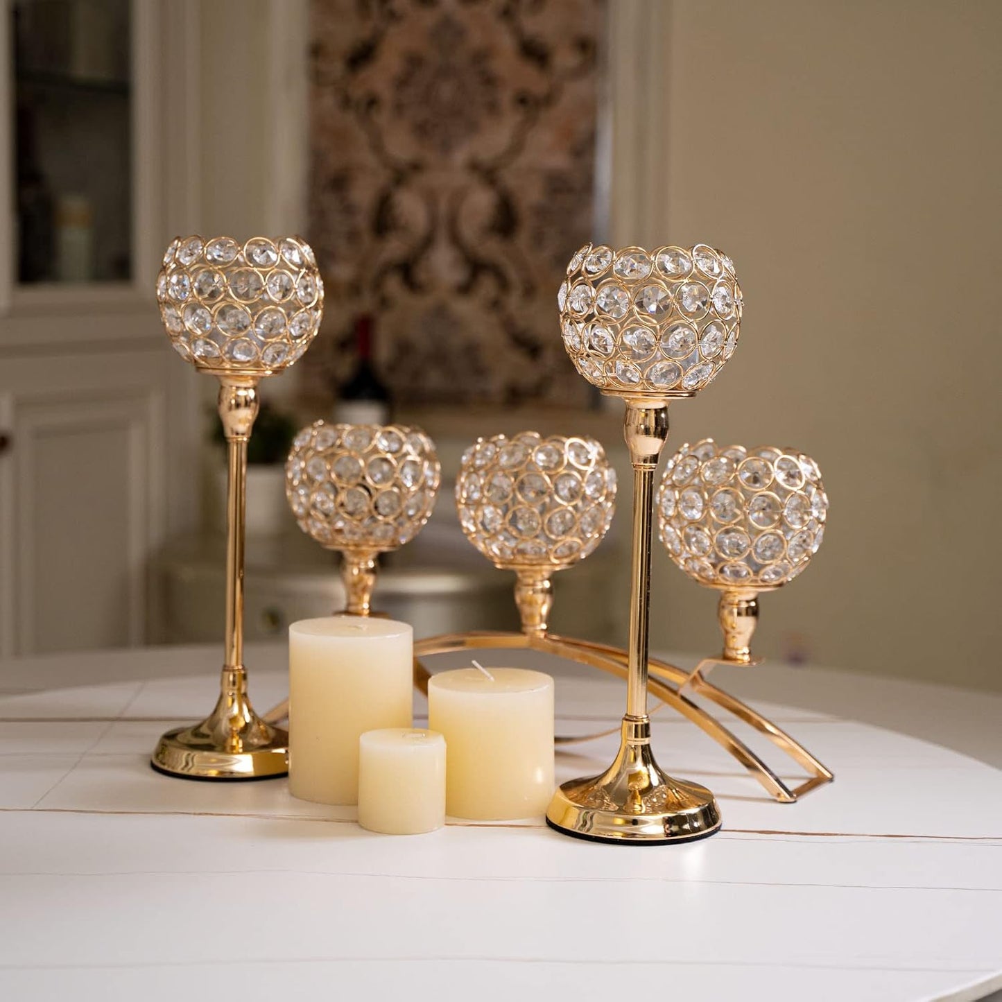 VINCIGANT Set of 3 Gold Candle Holders Wedding Table Centerpieces,Tealight Candlestick Candelabra Stand with 3 Arms for Fireplace Home Living Room Decor,Valentine's Day Housewarming