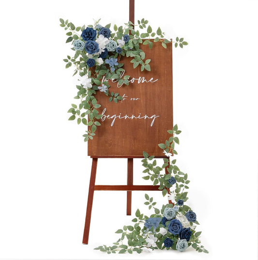 Ling's moment 2pcs Wedding Flowers Garland Artificial Floral Swag Arch Decorations Rose Greenery Arrangements Dusty Blue & Navy Ceremony Reception Garden Easel Wall Entryway Outdoor (NOT Include Sign