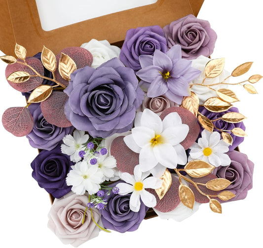 Floweroyal Artificial Flowers Combo Purple Flowers Mix Silk Flowers Fake Roses with Stems for DIY Wedding Bridal Bouquets, Baby Shower, Floral Arrangement, Table Centerpieces, Home Decorations