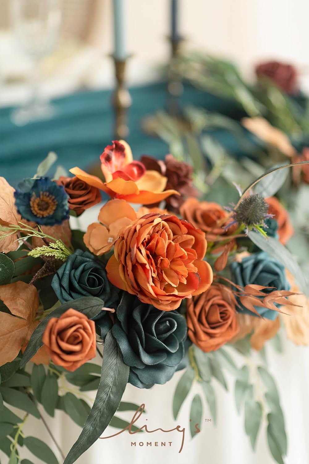 Ling's Moment Flower Garland - 6FT Eucalyptus & Rose - Sweetheart Table Decor for Wedding Reception, Artificial Floral Garland for Mantle, Christmas Decoration, Dark Teal & Burnt Orange