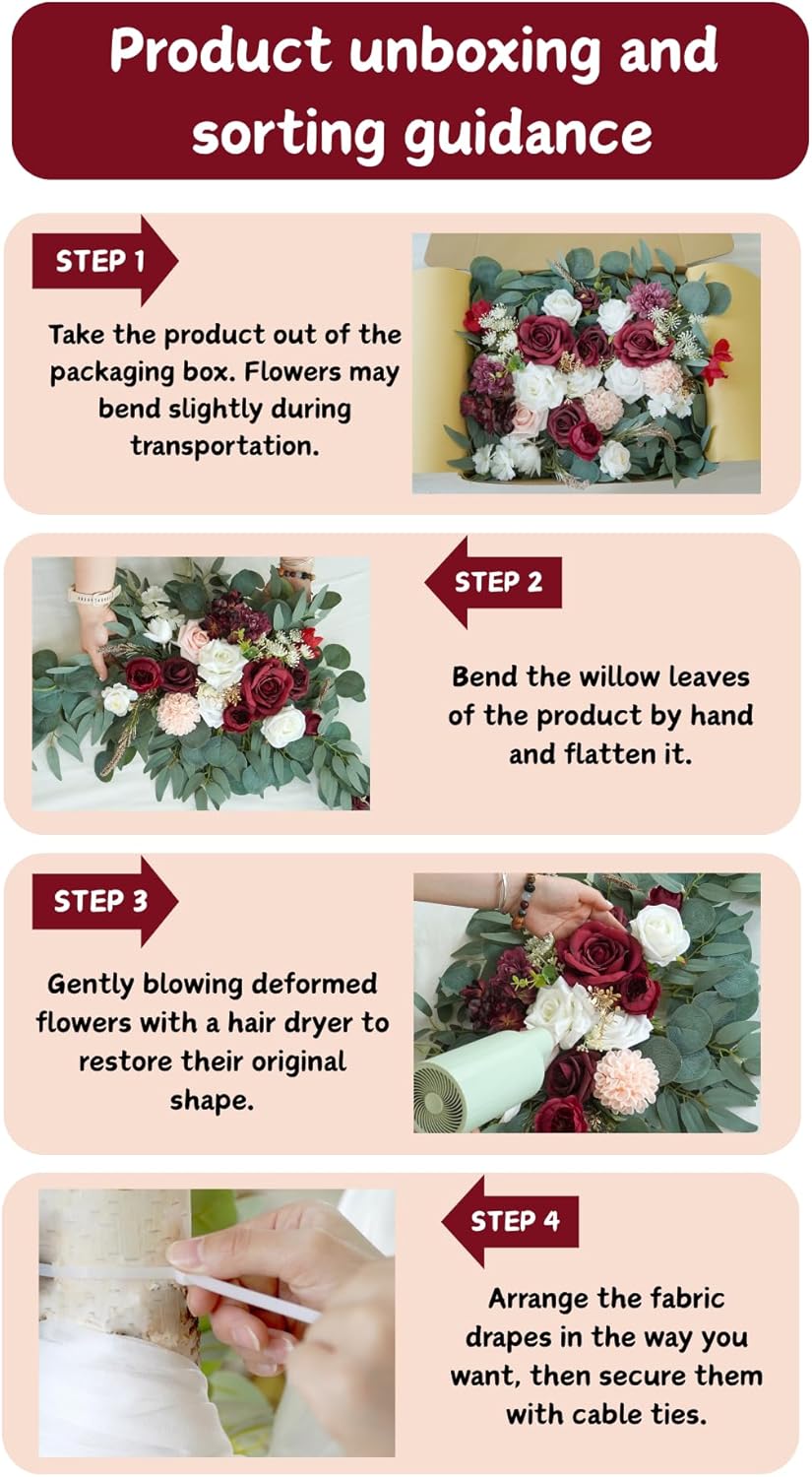 Artificial Wedding Arch Flowers Kit(Pack of 4),2Pcs Artificial Flower Arch Decor, 2Pcs Chiffon Fabric Drapes, Ceremony Decoration, Floral Outdoor Party Decor (Burgundy & Blush)