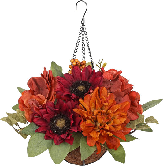 Hydrangea Fall Hanging Baskets Sunflowers Artificial Flowers Fall Hanging Decor Sunflowers Flowers Red Orange Fake Hydrangea Faux Plants Indoor Outdoor for Porch Garden Autumn Decorations for Home