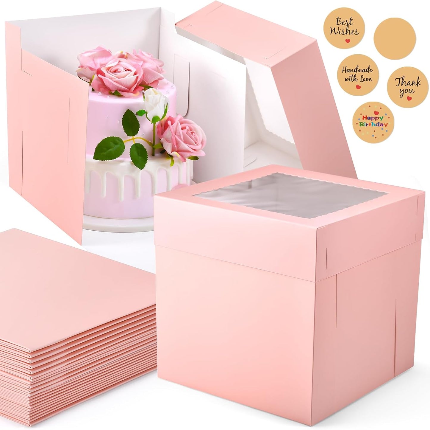 12Pcs Cake Boxes, 10x10x10 Inches Tall Cake Boxes with Window, Pink Disposable Tier Cake Containers for Pastries, Pie, Cookies, Chocolates, Cupcakes, Birthday Party, Wedding Bakery Boxes