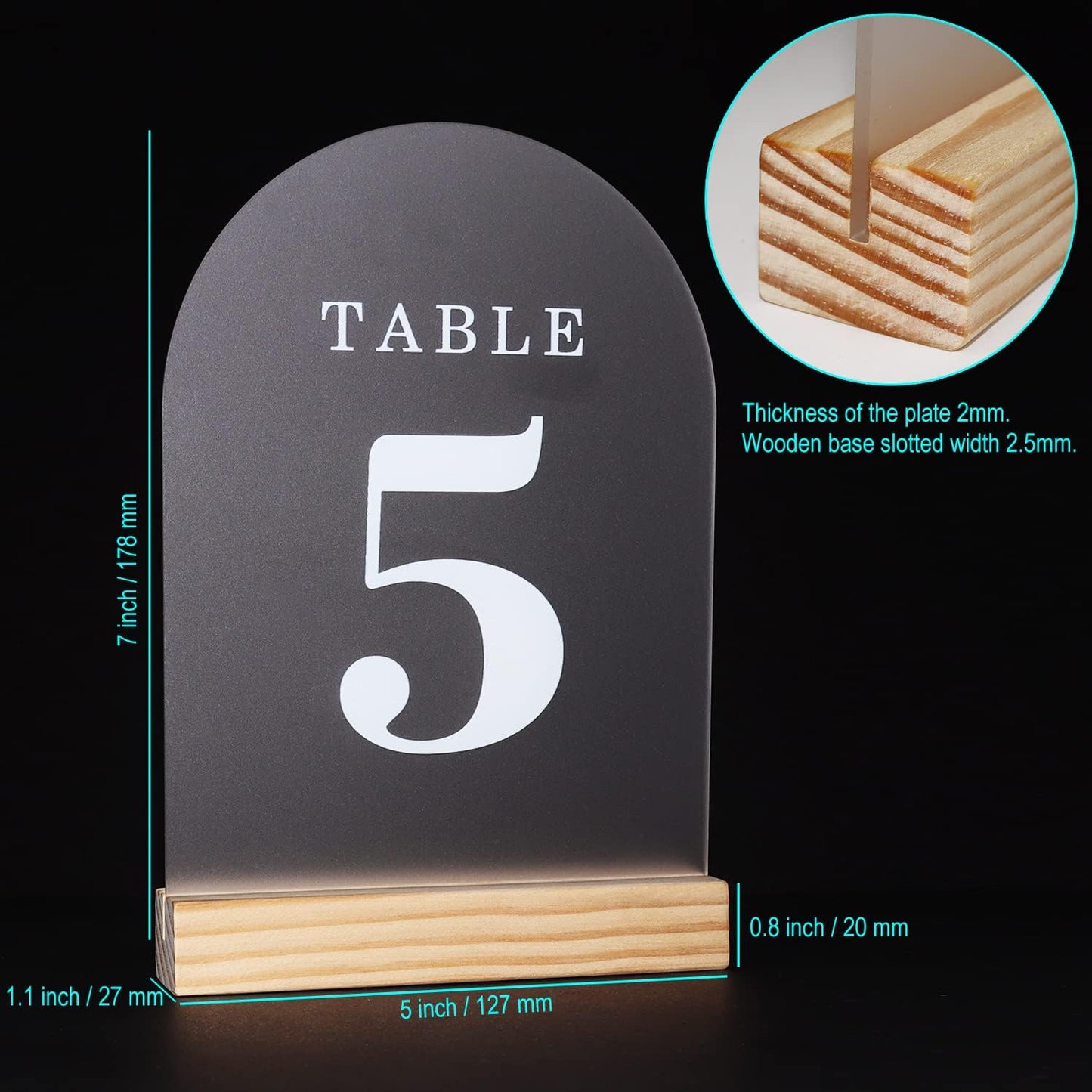 Wedding Table Numbers 1-20, Acrylic Arch Signs with Natural Wood Stands Holders, Rustic Table Decor for Reception & Parties (Frosted White)