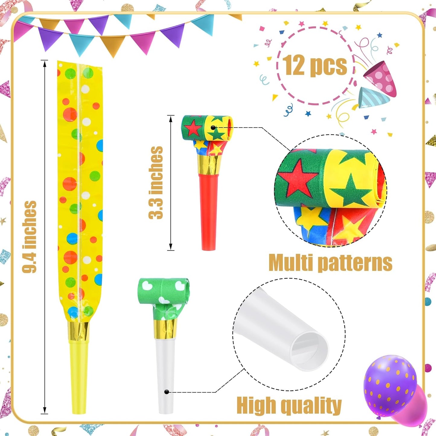 12 Pcs Party Blower Colorful Blowouts Noisemakers Birthday Blowouts Whistles for Party Favors(Colorful Paper Roll)