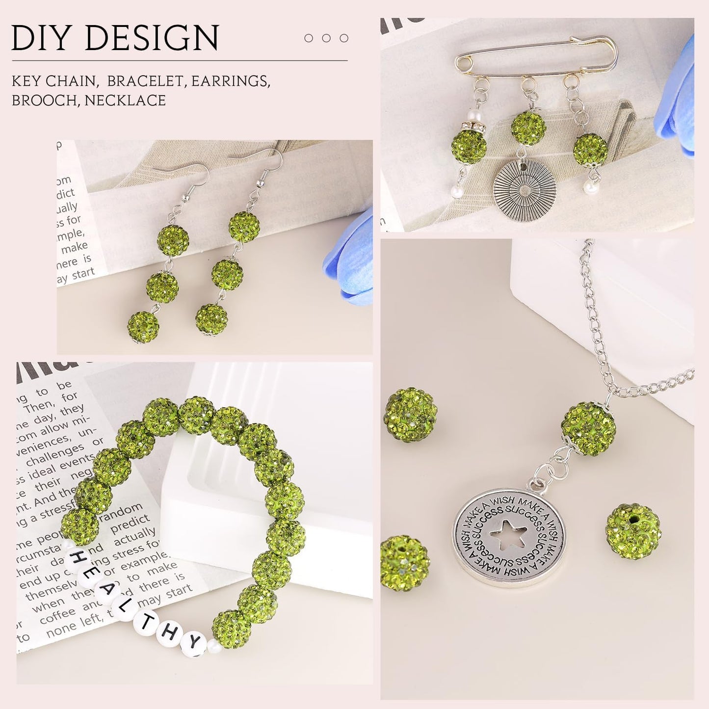 150 pcs 10mm Rhinestone Beads for Jewelry Making, Olivine Shiny Round Shamballa Disco Beads Bulk, Sparkle Crystal Clay Christmas for Bracelet Baseball Necklace Earring Crafting and DIY