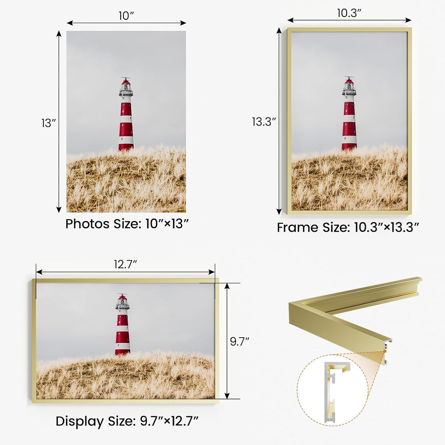 10x13 Aluminum Metal Picture Frame,Tempered Glass Gold Photo Frame 10x13 for Family Photo,Posters,Art,Document to Wall Mount Horizontally or Vertically