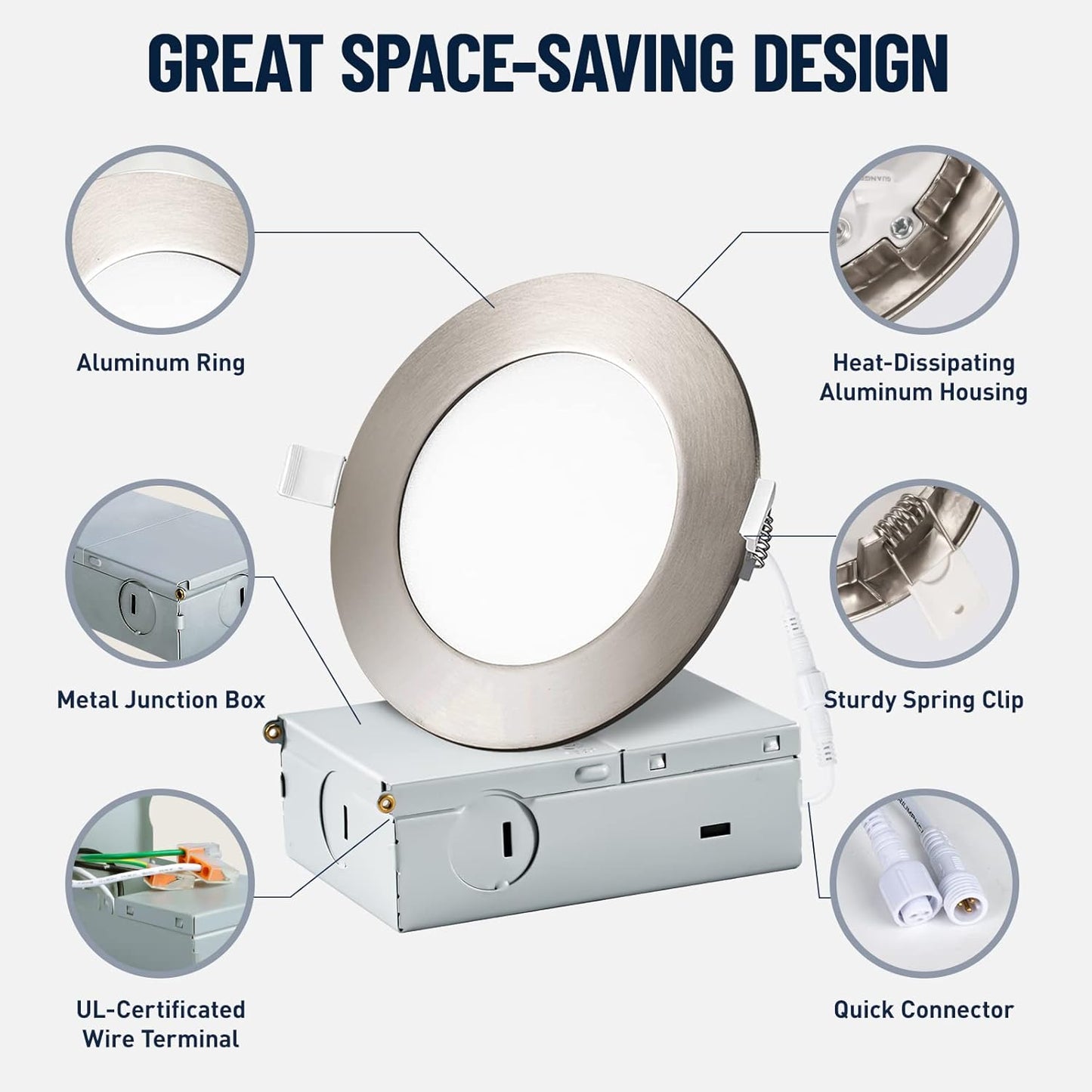 12 Pack Recessed Lighting 4 Inch with Junction Box, 5CCT 4 Inch Brushed Nickel LED Recessed Lights Dimmable 2700K-6000K, 9W 700lm Ultra Thin Recessed Lighting - ETL and Energy Star Certified