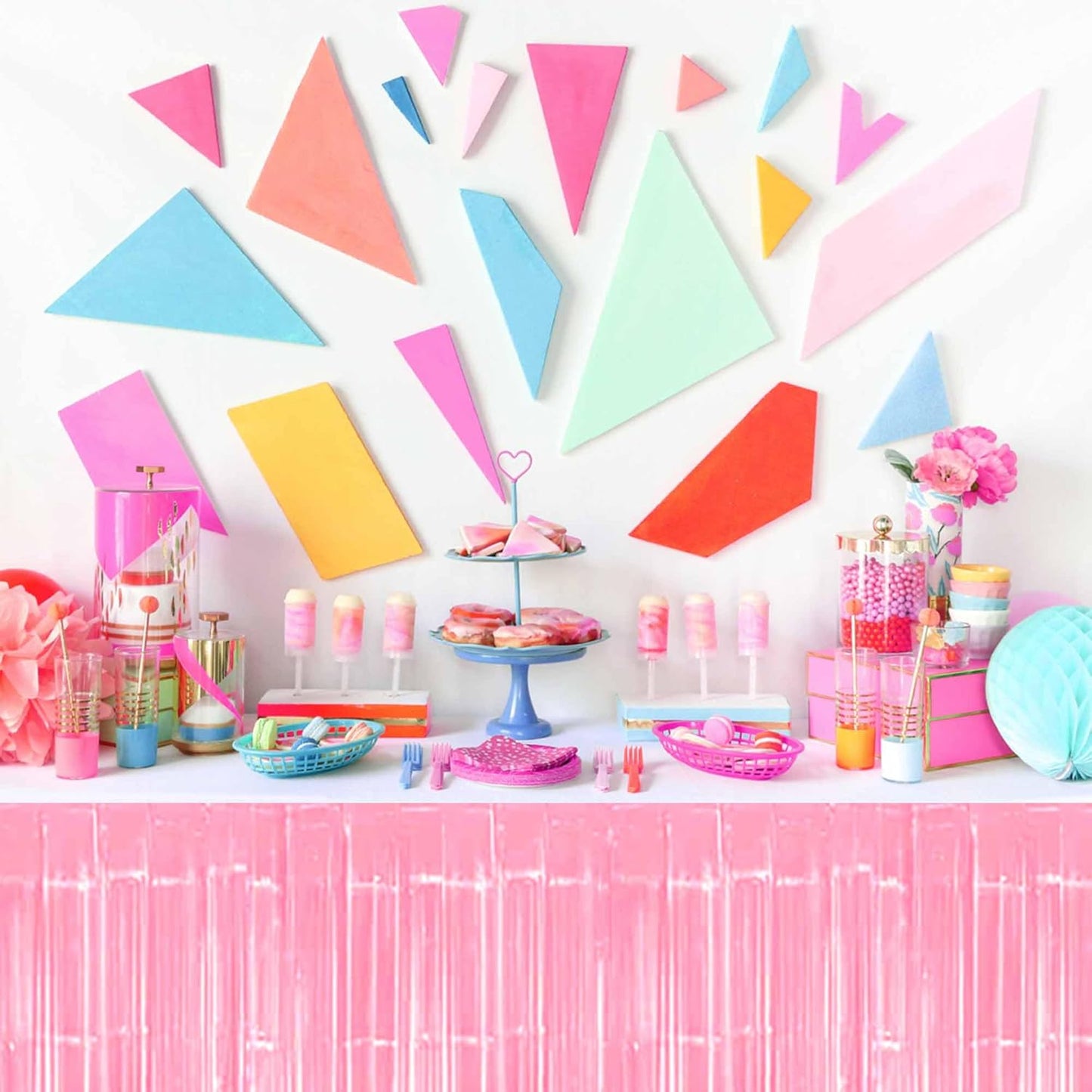 3 Pack 29 x108 Inch Macaron Pink Foil Fringe Table Skirts Metallic Banner for Tinsel Streamer Garland Backdrop for Parade Floats Mother's Day, Graduate, Birthday, Wedding Party Decoration