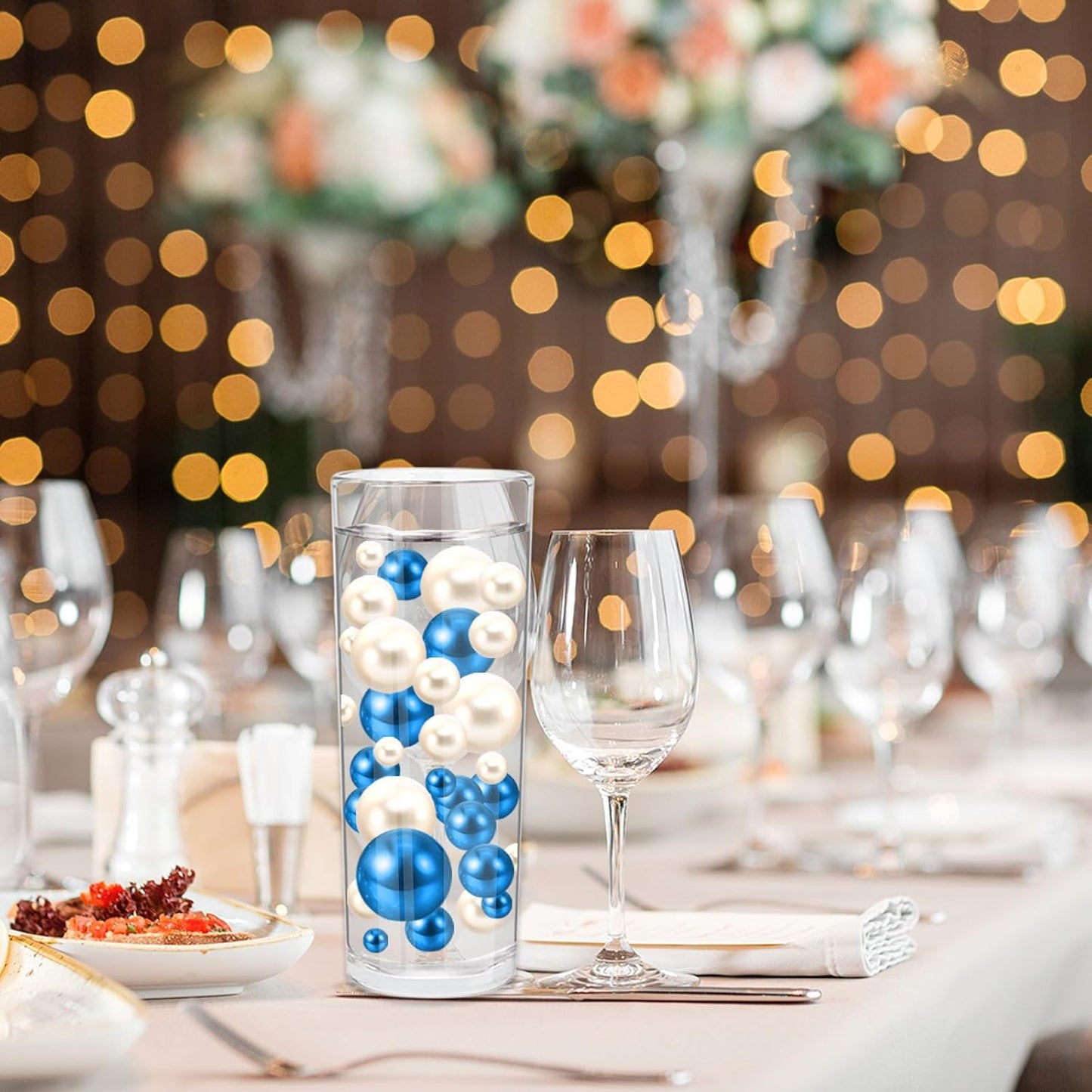 100PCS Blue White Faux Pearls Beads for Centerpiece Vases, Vase Filler Faux Pearls, No Holes Filler Beads for Party Anniversary Birthday Wedding Table Decor, 14/20/30mm