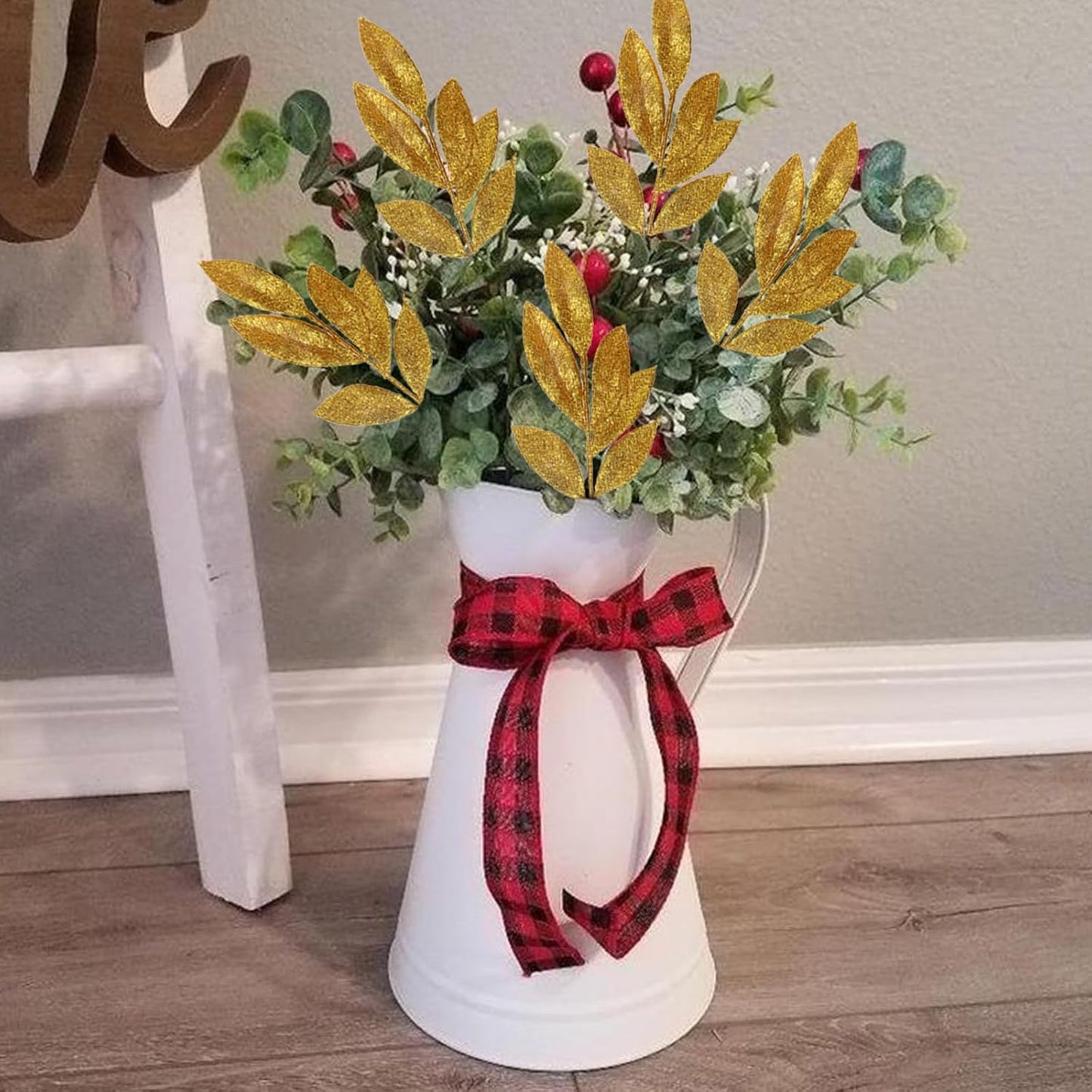 GREENTIME 12 Pack Artificial Golden Glitter Leaves 13" Fake Christmas Picks Decorative Glitter Sticks for Vase Christmas Tree DIY Wreath Crafts Fireplace Decor