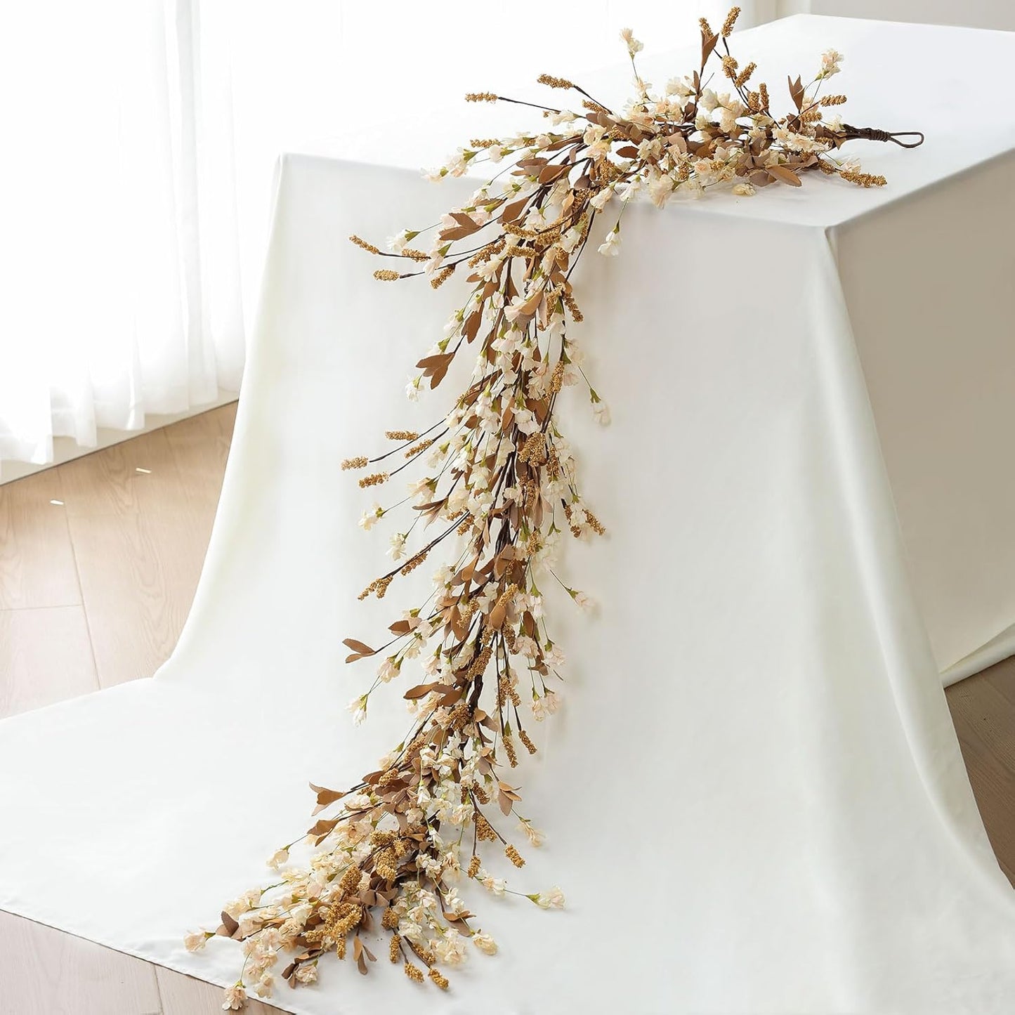 Mizii Fall Garland Artificial Flower Garlands 6 Feet Fake Wildflower Floral Garland Hanging Vines Flowers Decorations for Mantle Table Centerpieces Room Wall Fireplace Wedding Fall Decor (Beige)