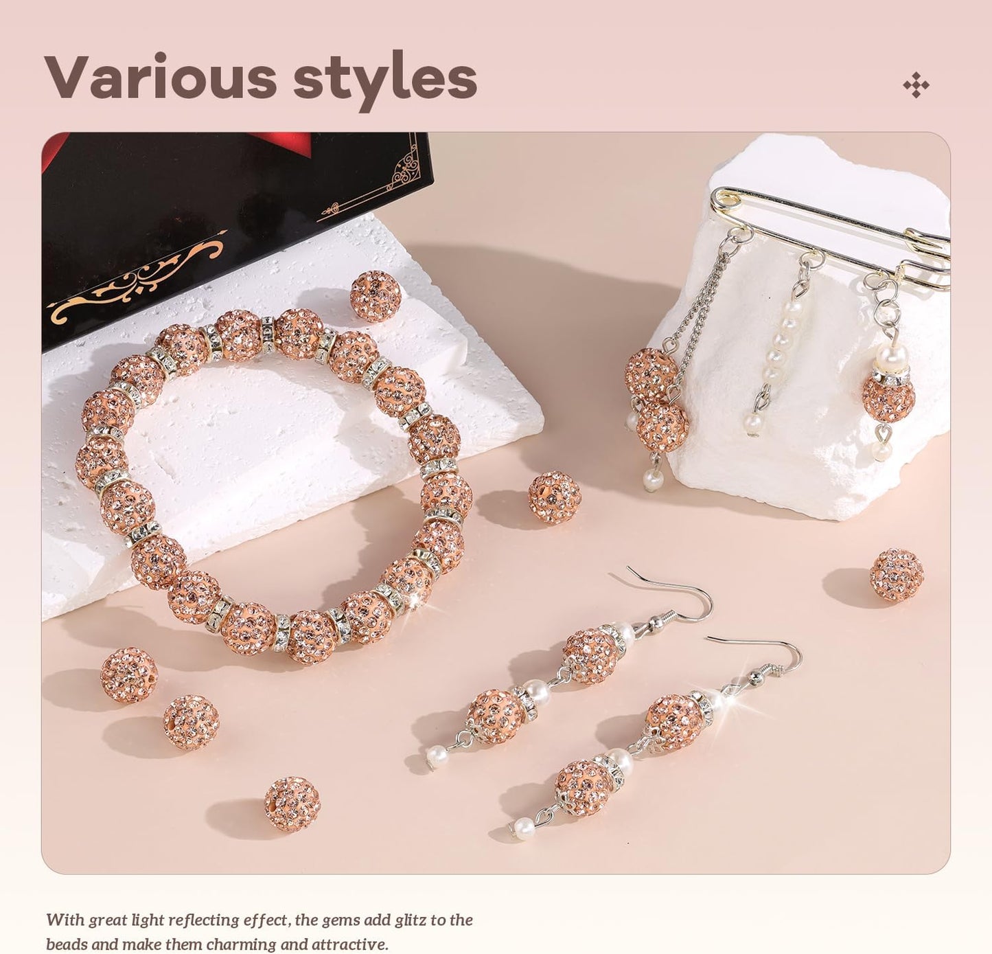 160pcs 10mm Rhinestone Beads for Jewelry Making, Light Peach Shiny Round Disco Ball Beads Bulk, Sparkle Crystal Clay Christmas for Bracelet Baseball Necklace Earring Crafting and DIY