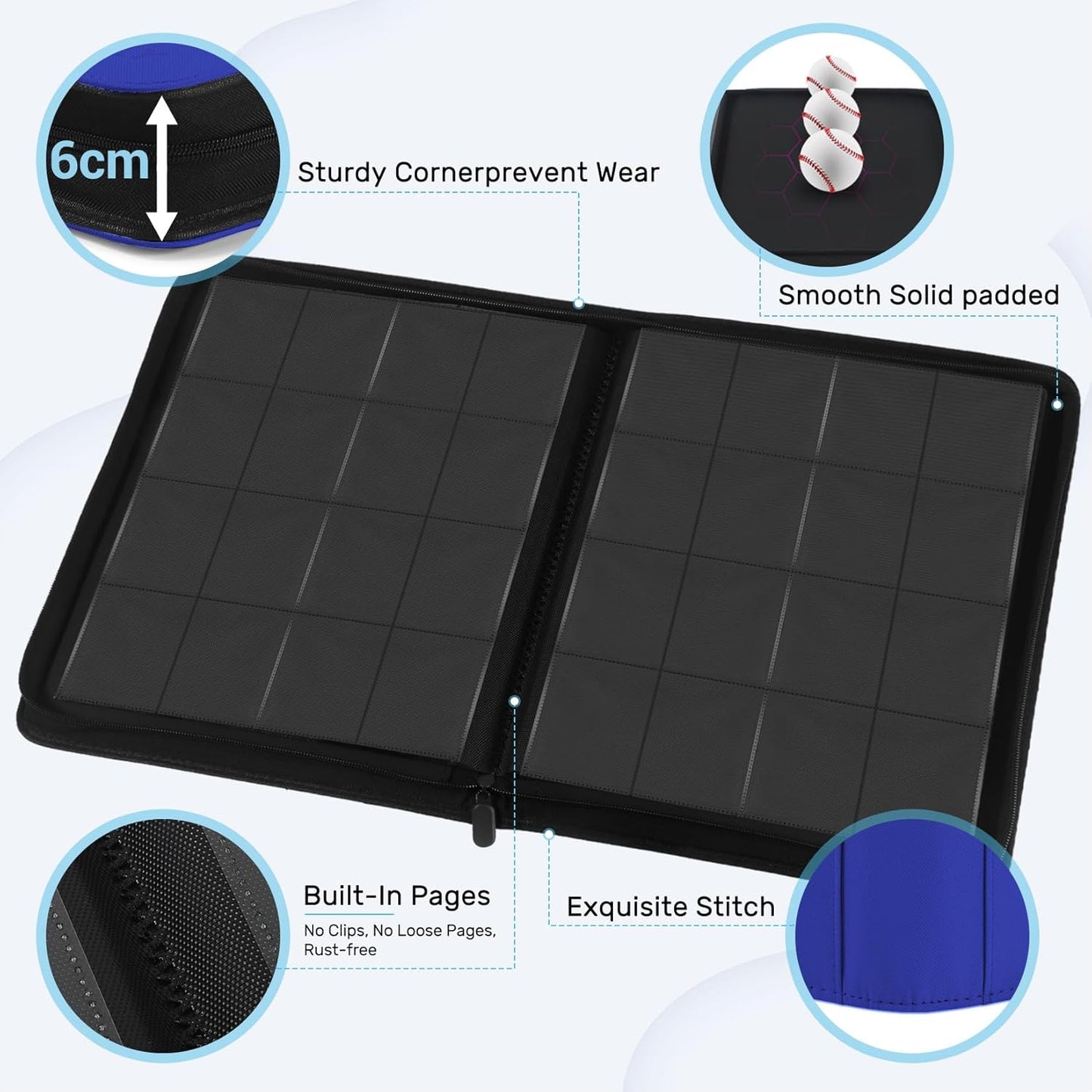 16 Pocket Card Binder, 1000+ Premium Zip Trading Card Binder, Double-sided Side Loading Card Collection Binder Album, Durable Leather Cover, Ringless Card Folder for Gifts, MTG, TCG, Sport Cards, Blue