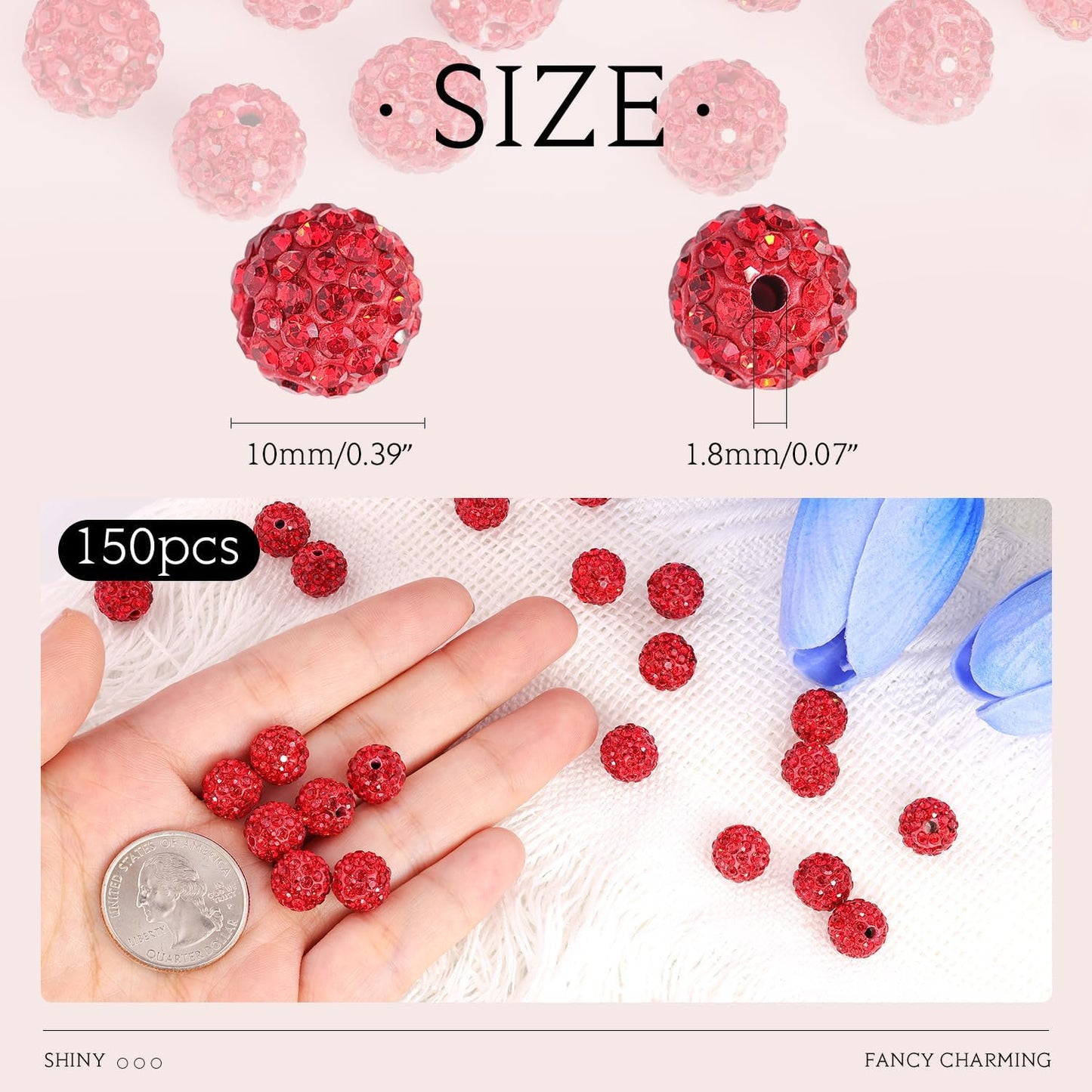 150 pcs 10mm Rhinestone Beads for Jewelry Making, Red Shiny Round Shamballa Disco Beads Bulk, Sparkle Crystal Clay Christmas for Bracelet Baseball Necklace Earring Crafting and DIY