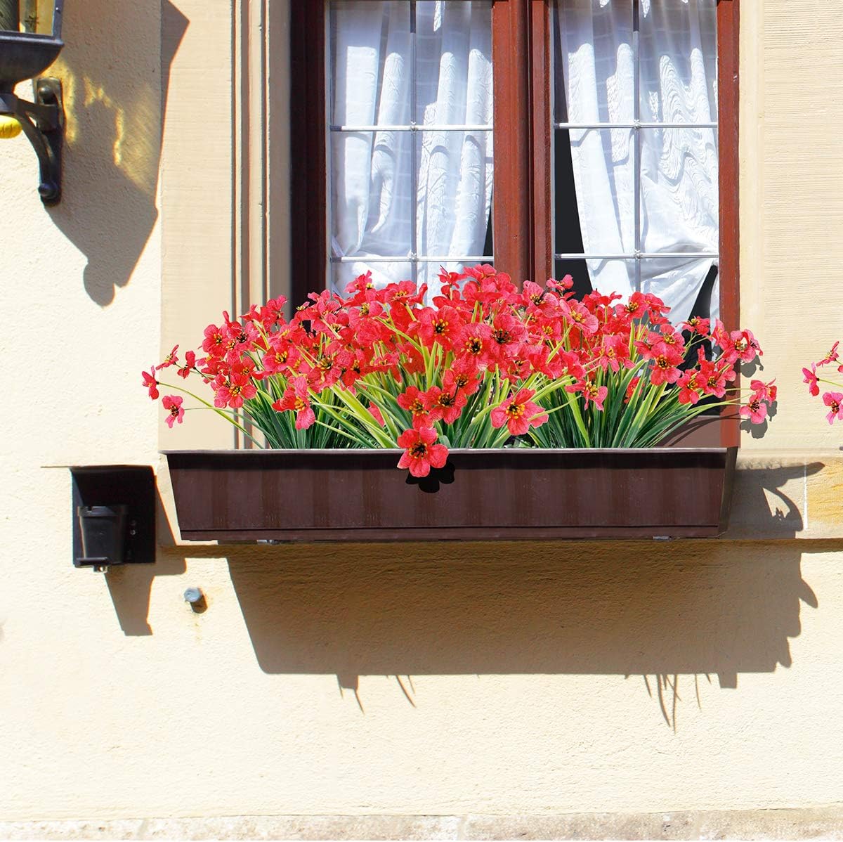 12 Bundles Artificial Flowers Outdoor UV Resistant Fake Flowers No Fade Faux Plants Garden Porch Window Box Decorating (Deep Red)