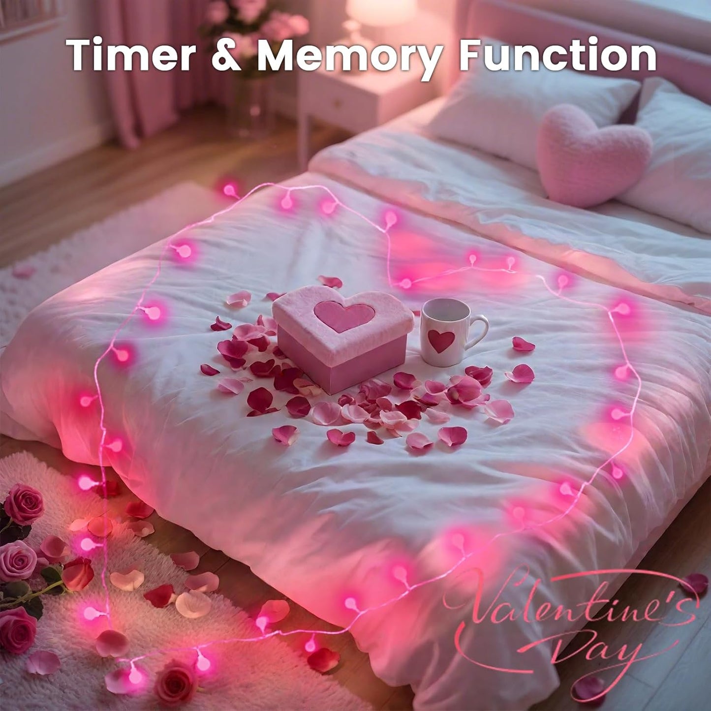 100LED Pink String Lights Outdoor Indoor for bedroom, 43FT Connectable Globe String Lights with Timer, 13 Modes Fairy Light Plug in Waterproof for Anniversary Valentines Party Christmas Decorations