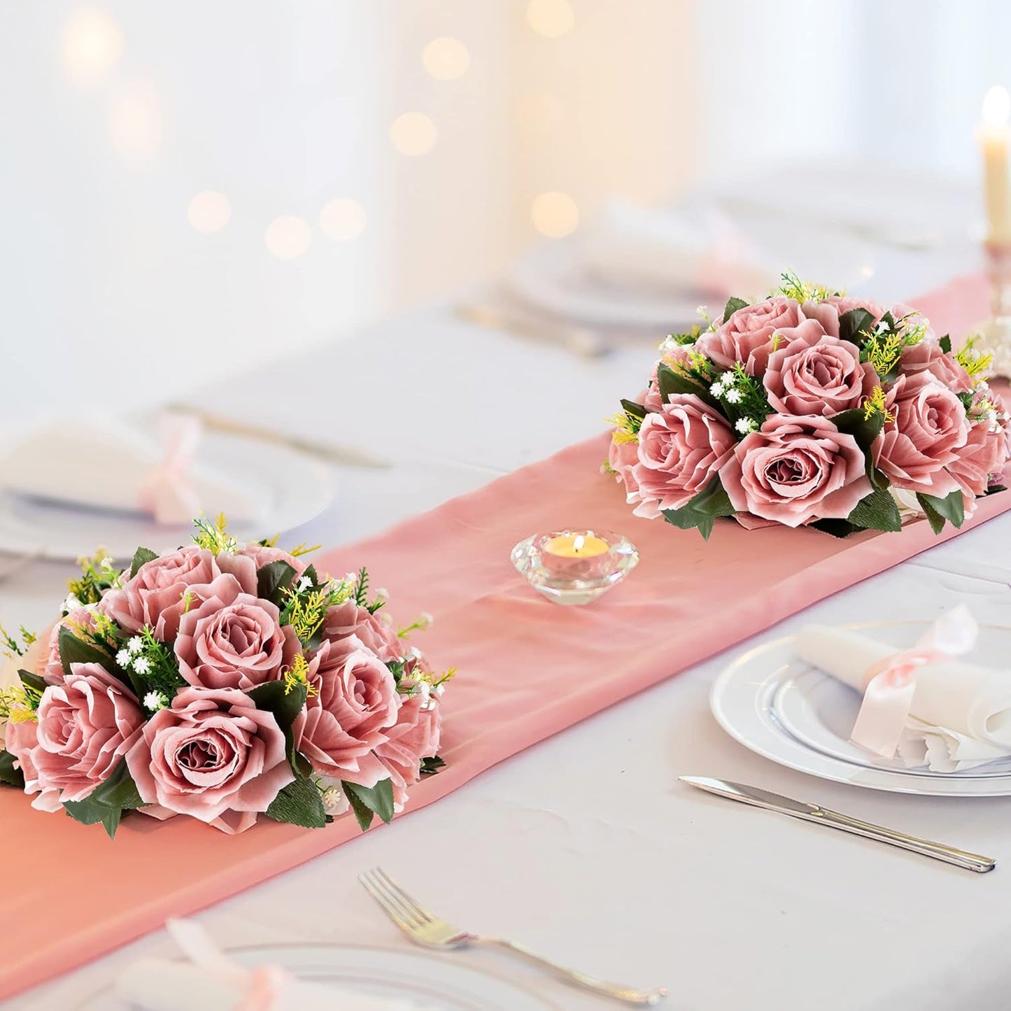 BLOSMON Dusty Pink Flowers Centerpieces: 2 Pcs Artificial Roses Flowers Balls for Wedding Dinning Table - Fake Silk Kissing Floral Arrangement for Home Party Event Decor